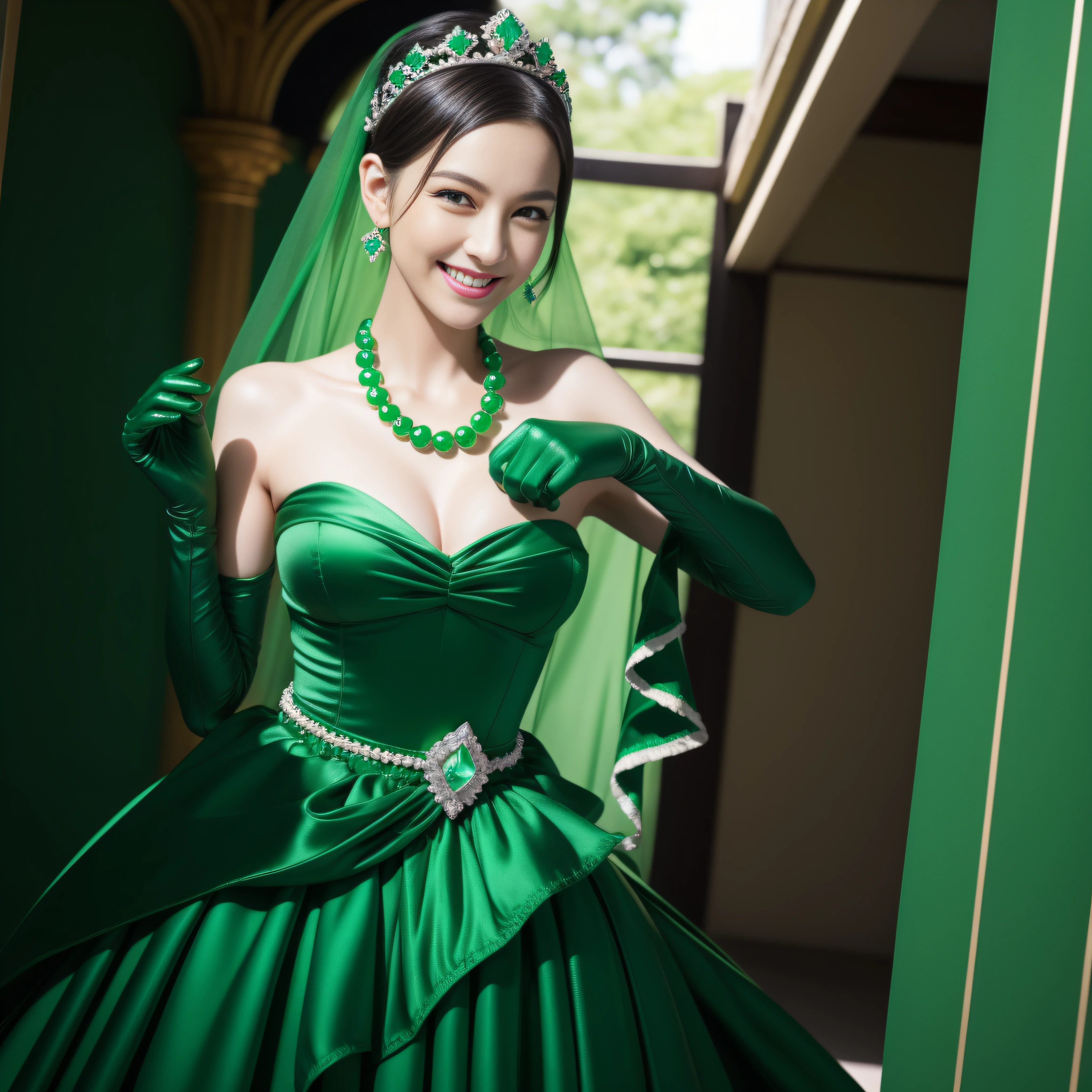 emerald tiara, Green Pearl Necklace, Boyish very short black hair, lipsticks, Japan woman smiling, very short short hair, big breasts beautiful, Green eyes, Long green gloves made of satin material, Green eyes, Emerald Earrings