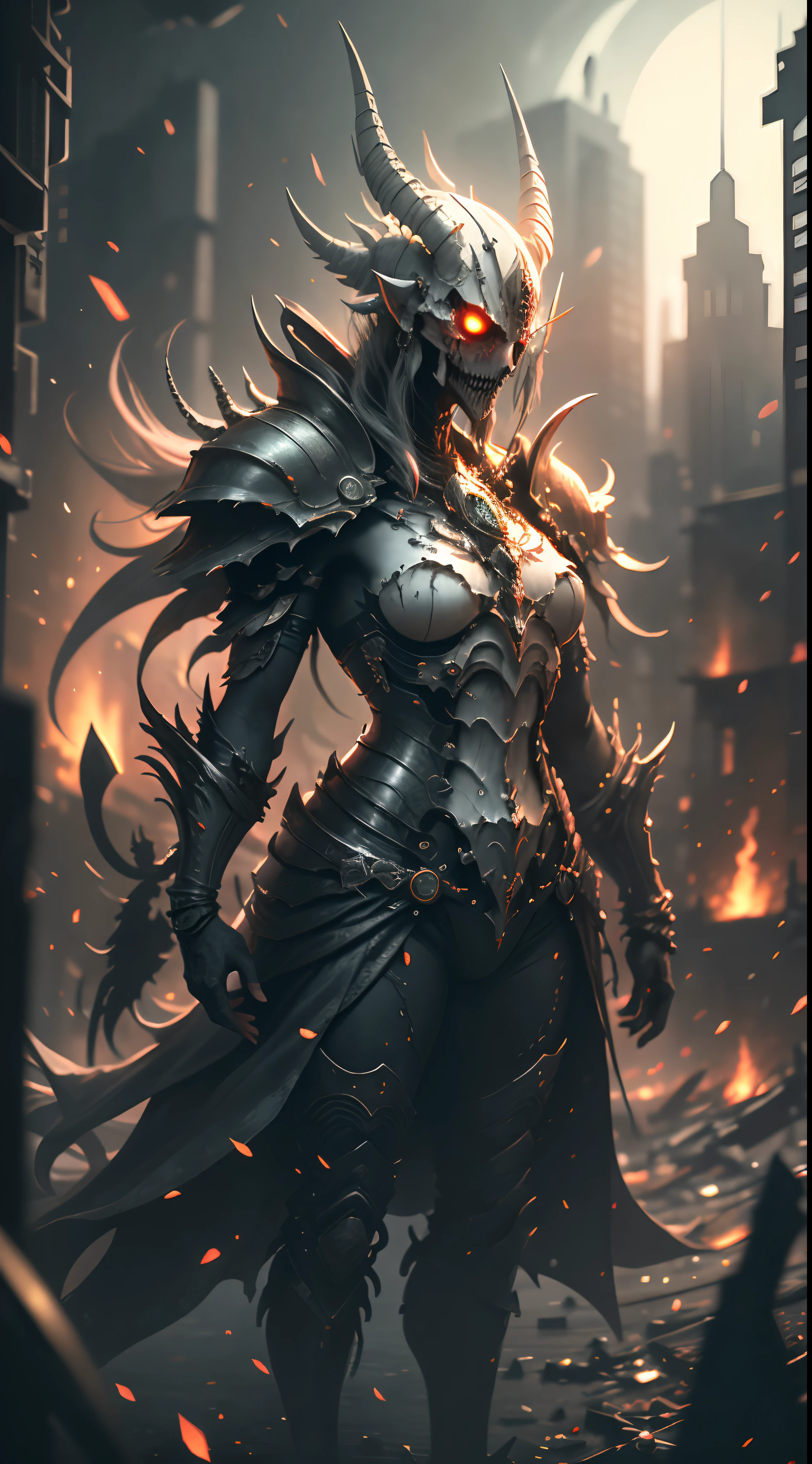(Very detailed 8k wallpapers),A medium shot of a terrifying necromancer,intricated,high detailing,Dramatic,The forgotten war,city ruins。