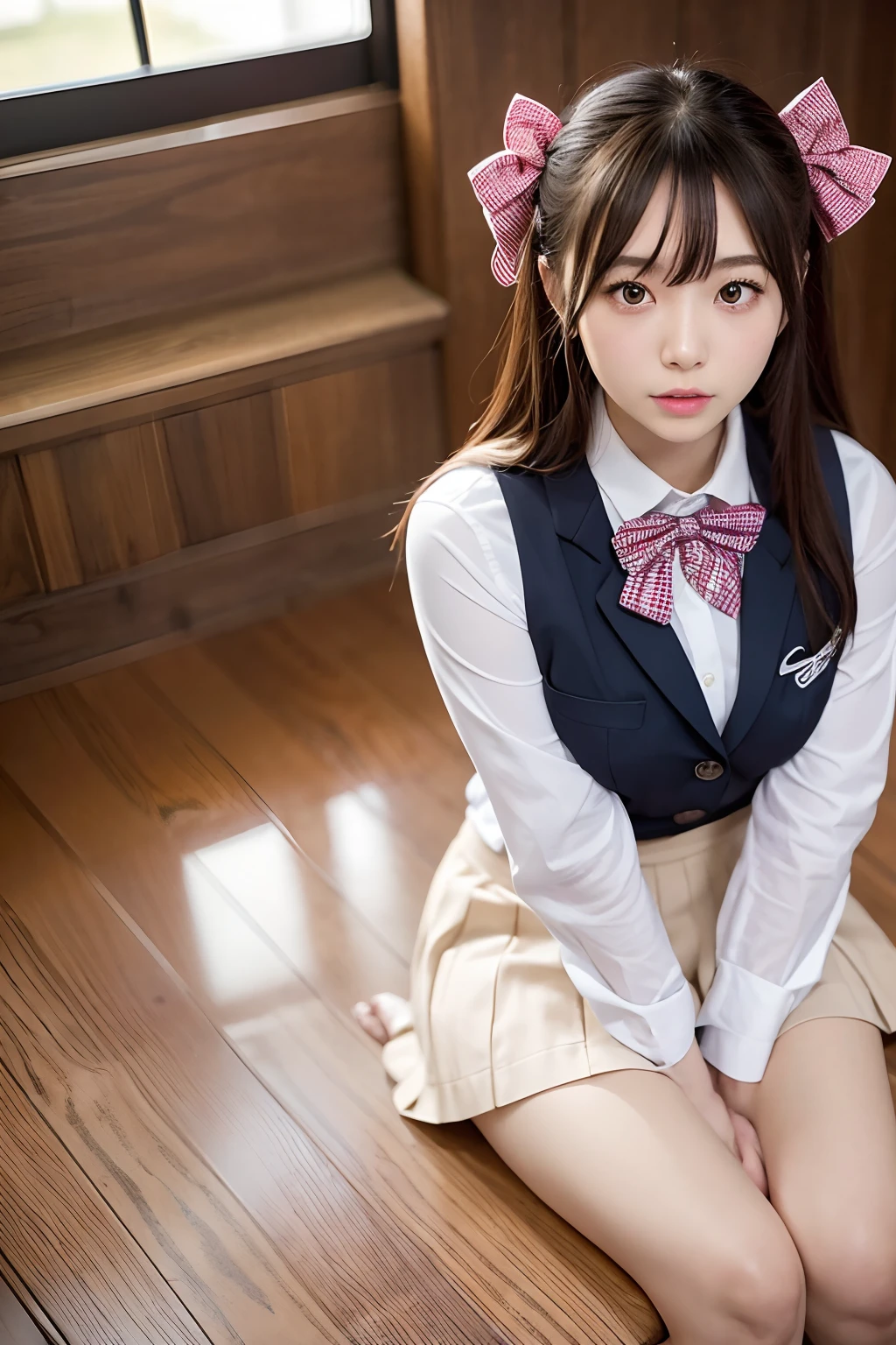 Close up portrait of Japan woman in short skirt and bow tie, goddess of Japan, Sexy Girl, Japanese Models,Twin-tailed、Pink ribbon、 Beautiful Asian Girl, a japanese girl, a japanese girl, Chest that looks like it's going to burst, Man Japan Woman, Phenomenal cuteness、Bold poses、Inviting eyes、One leg standing on a bench、Open crotch、panty visible、Raised pubis、Phenomenally cute schoolgirl、Japan Girl Uniform、Wearing Japan school uniform、Japan School Uniforms、a hyperrealistic schoolgirl、Dressed as a schoolgirl、a hyperrealistic schoolgirl、Wearing a uniform、Realistic Schoolgirl、Girl in Uniform、Wearing a uniform、Schoolgirl Pose、full body Esbian、Nice skin、glistning skin、lovely thighs、glowing thigh、shining legs、bare-legged , High School in Japan 、Idol、Korean Idol、Invite you inside、Inviting eyes