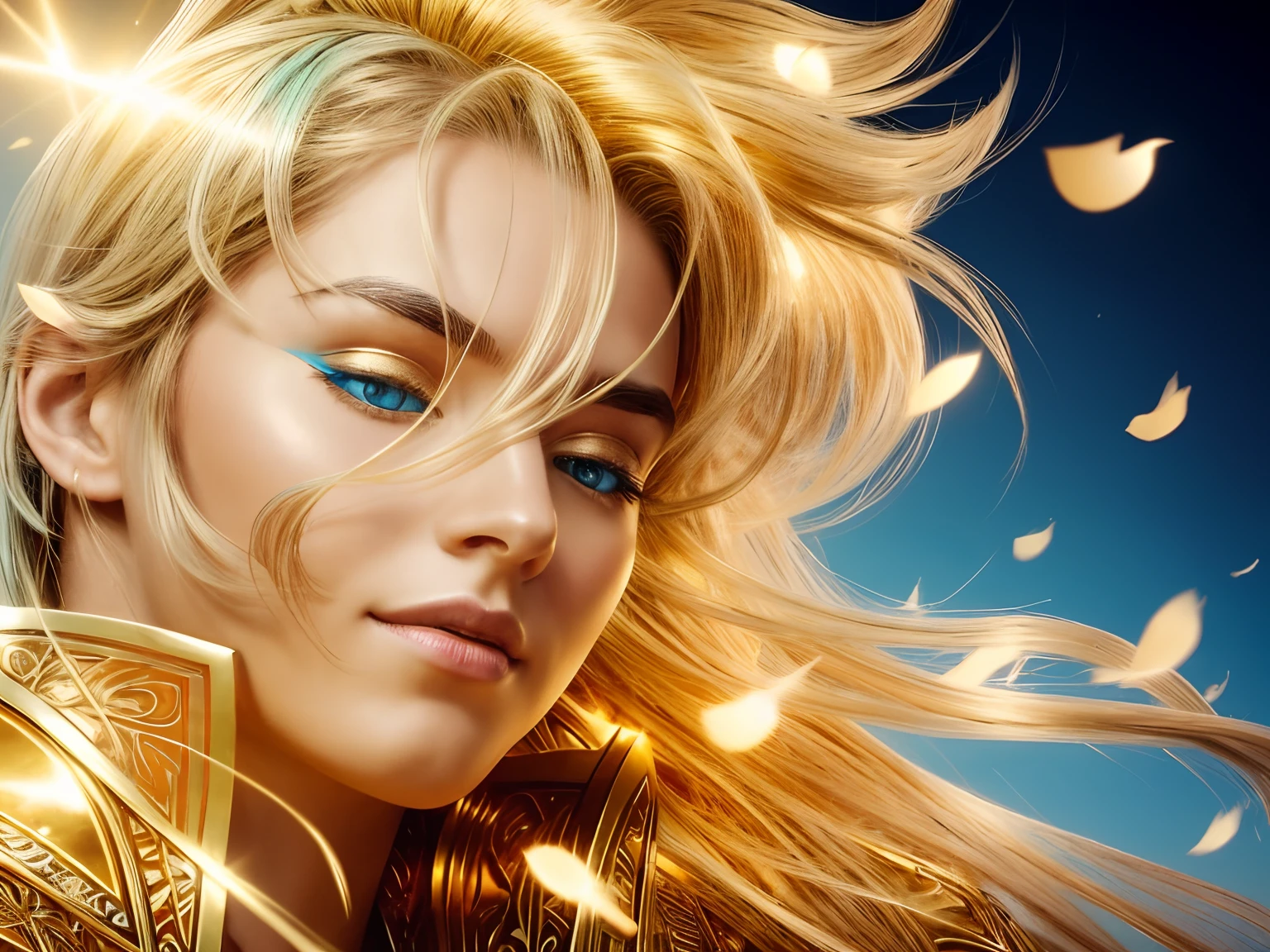 Masterpiece, high-resolution, HD, realism, full body, beautiful man. 1boy. Young man about 30 years old. Beautiful face. Detailed face. Delicate face. Beautiful face. Determinate expression. Big turquoise eyes. Golden armor, Intricate armor, Detailed golden armor. Tall and ahtletic. Golden intricate helmet. Long light blue hair. Straight hair. Long hair. Bands. Light blue hair flying in the air. Energy laughing from hands. Powerful. Dynamic. Cosmic background.