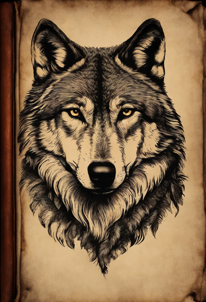 Antique wolf book with battered leather cover and worn pages