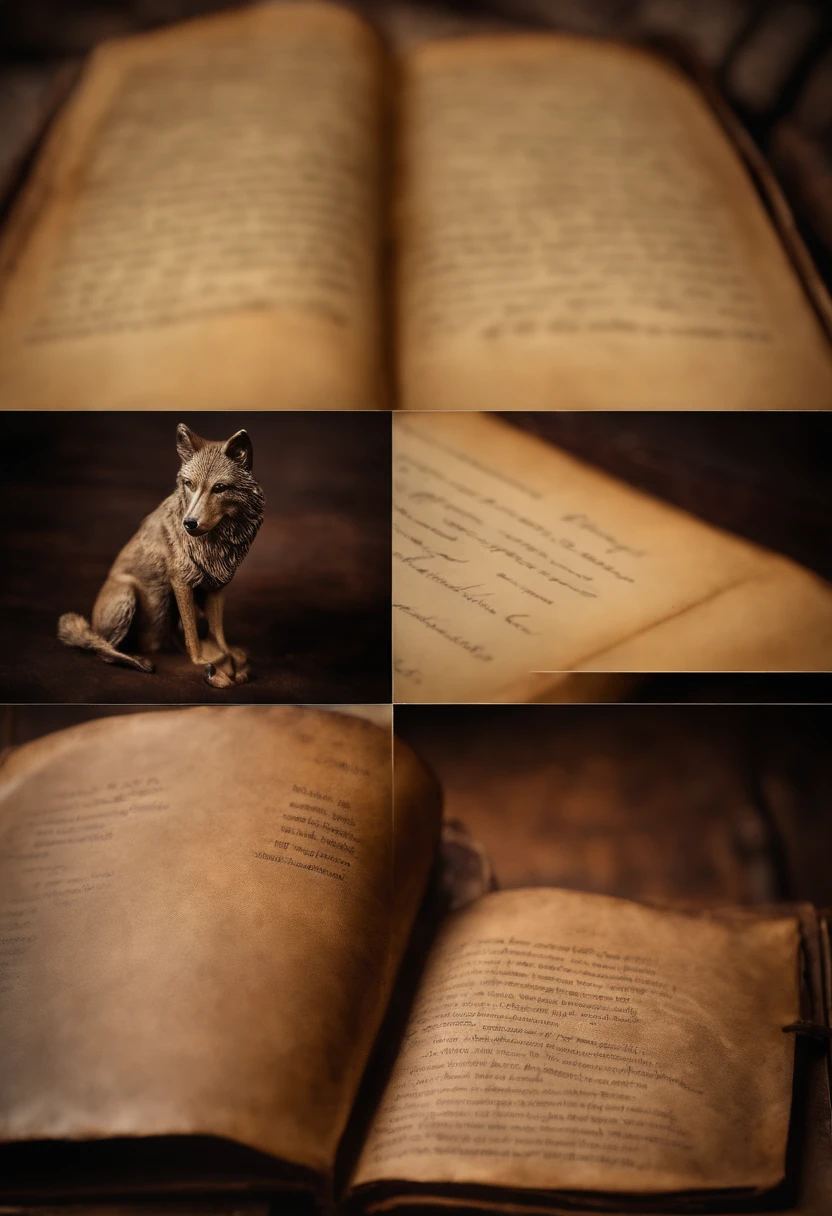 Antique wolf book with battered leather cover and worn pages