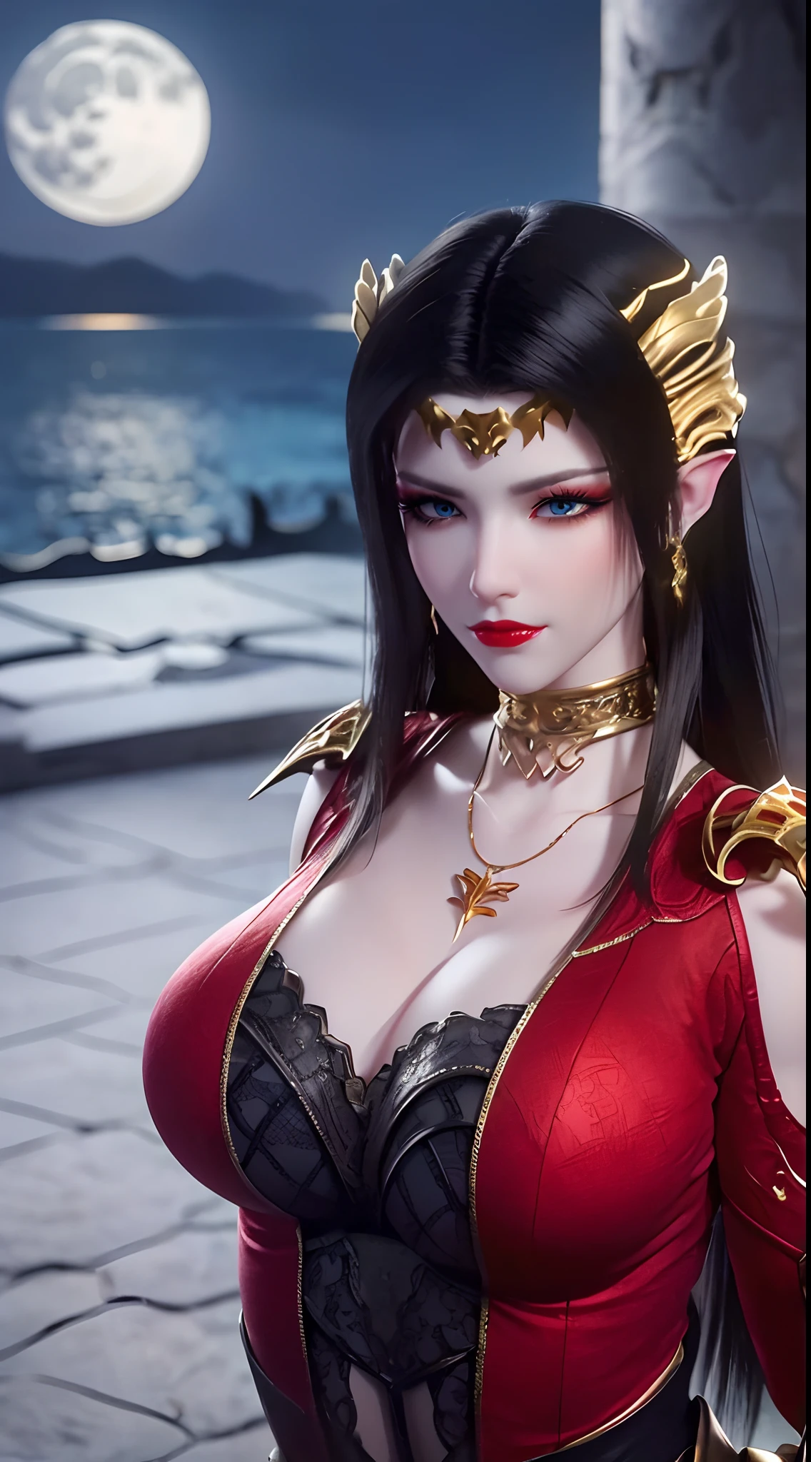 1 extremely beautiful bride, ((wearing red bikini:1.6)), (((see-through thin bikini:1.6))), ((long black hair:1.6)), elaborate jewelry made from stones noble and beautiful hair, ((wearing a 24k gold lace necklace:1.4))), ((Thin red silk scarf covering half of her face:1.5)), noble, noble style of an extremely beautiful girl beautiful, super cute small face, her face is very pretty, thin eyebrows, flawless beautiful face, ((black eye pupils: 0.8)), very beautiful eyes, ((blue eyes platinum: 1.6)), (((big round eyes: 1.6))), beautiful makeup and hairdo detailed eyelashes, wet eye makeup, high nose, earrings, red lips, ((closed mouth: 1.5)) beautiful lips, slim hands, most beautiful thighs, ((arms spread wide to the sides: 1.5)), rosy face, clean face, flawless beautiful face, smooth white skin, (chest big: 1.5)), ((tall breasts: 1.6)), firm breasts, beautiful cleavage, (((big and super round breasts: 1.8))), ((super tight breasts: 1.7)),((chest large 1.5)),(exposed),beautiful breasts, perfect body, back arms, exposed chest, thin black mesh stockings with black lace trim, 8k photo, super high quality, super realistic, super 10x pixels, optical, studio bright, edge bright, two-tone lighting, (high detail skin:1.2), super 8k, soft light, high quality, volumetric lighting, optical, high optical resolution, projection bright, best photo, 4k, 8k quality, blur effect, smooth sharpness, 10 x pixels, ((sea and moonlight in night background:1.5)), aurora, lightning, super realistic graphics , most realistic graphics, 1 girl, alone, solo, Extremely sharp, surreal image, (((frontal portrait: 1 ))).", (sitting)