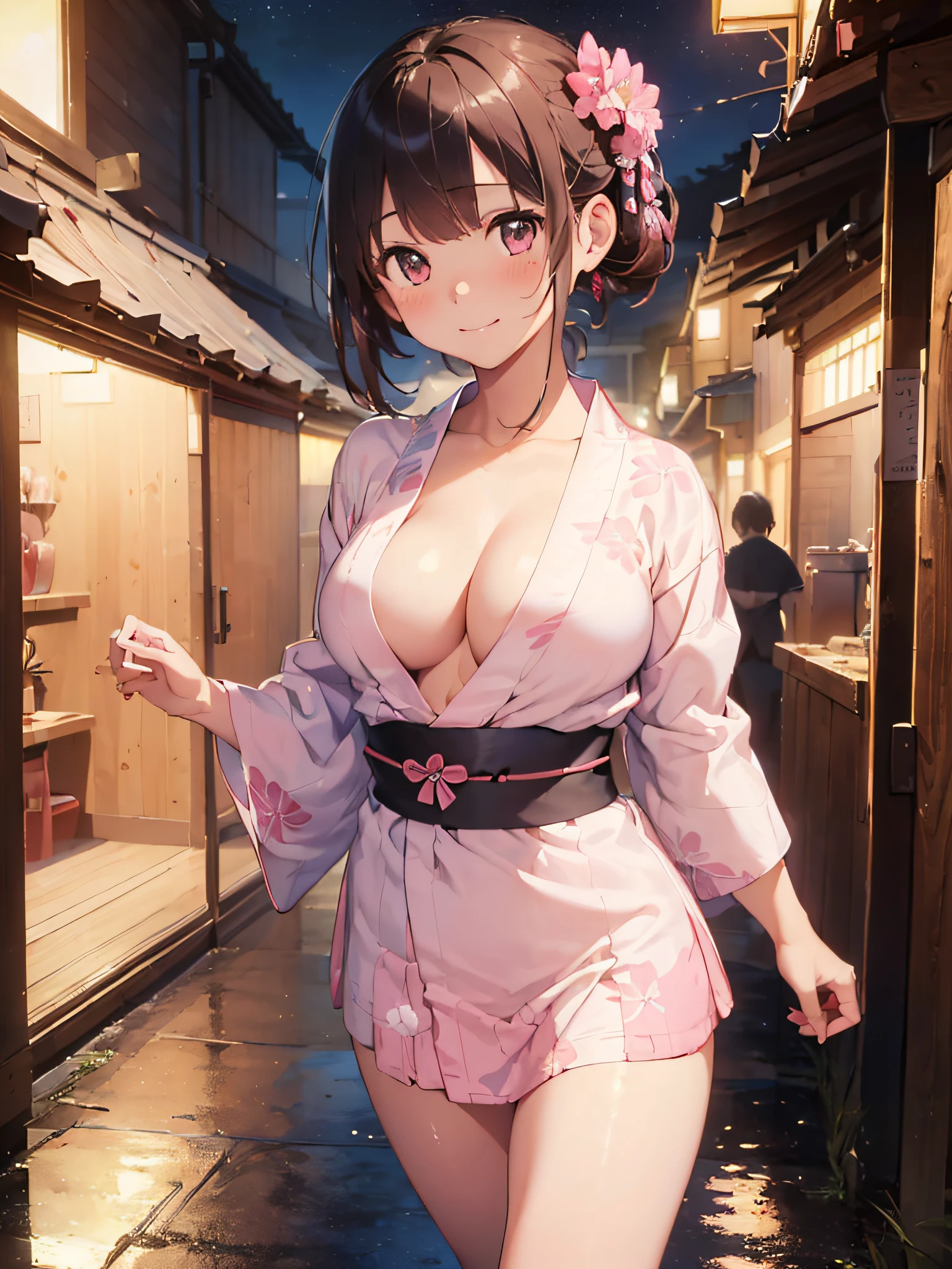 (​masterpiece:2.0), (top-quality:2.0), (naked:1.5), (super mini skirt extremely small pink yukata:1.5), (super thin fabric:1.5), (sexypose:1.5), (blushed face:1.3), (barechested:1.3), (realistic:1.5), 1  girl, precise hands, Embarrassed look, light smile, Look at me and smile, extremely cute girl, innocent face, young face, Clear eyes, Shining eyes, small breast, (cleavage of the breast is visible:1.5), (the thighs is visible:1.5), The crotch is visible, No pubic hair, full body, The beautiful skin, ultra-definition, Top resolution, japan high school student, brown hair, at the night festival