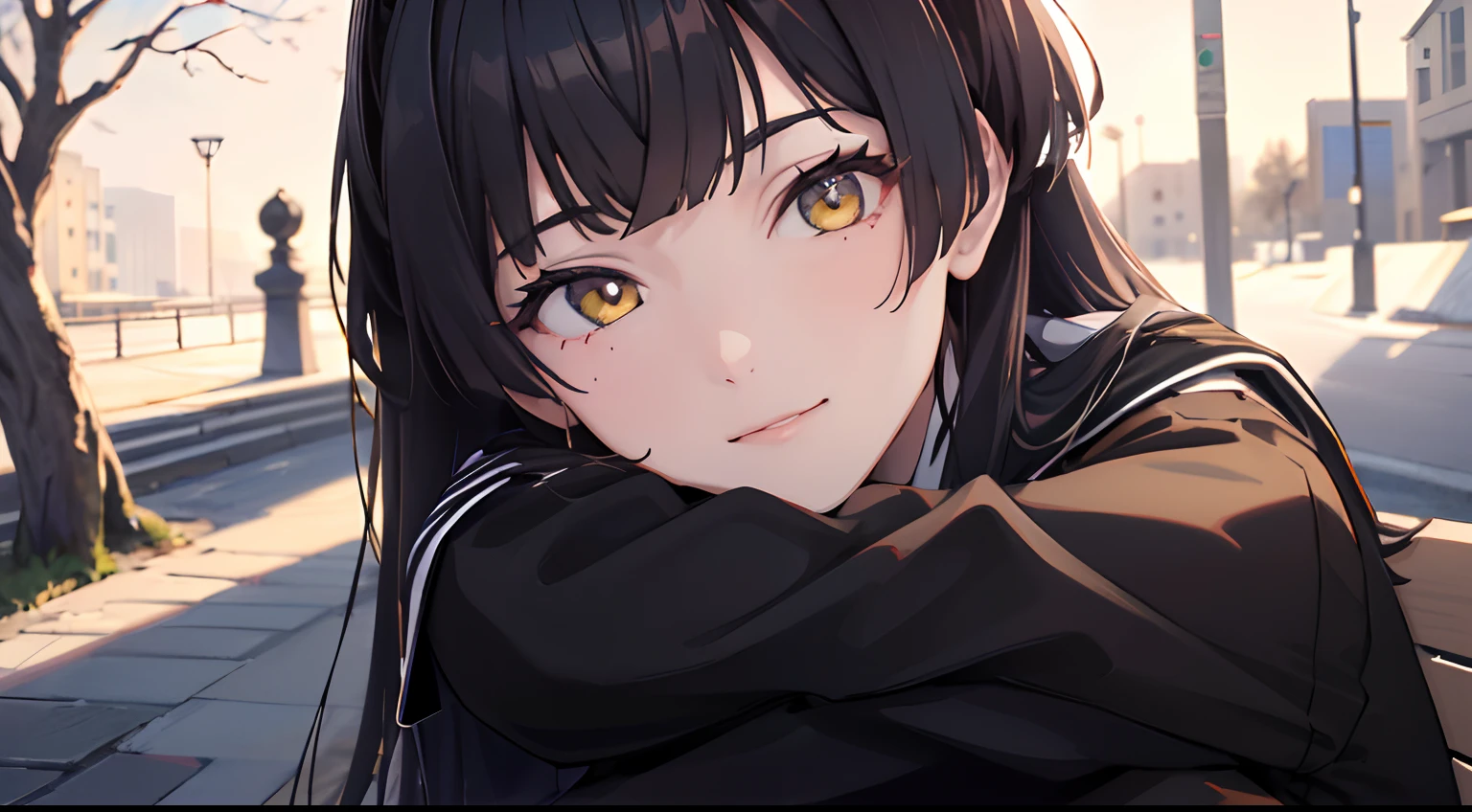 masterpiece, best quality, 1girl, black hair, ,yellow eyes, school uniform, hoodie, sitting on a bench, smiling, closed up, detailed background, detailed eyes, detailed facial features, realistic and high resolution (best quality, 4k, 8k, highres, masterpiece:1.2).