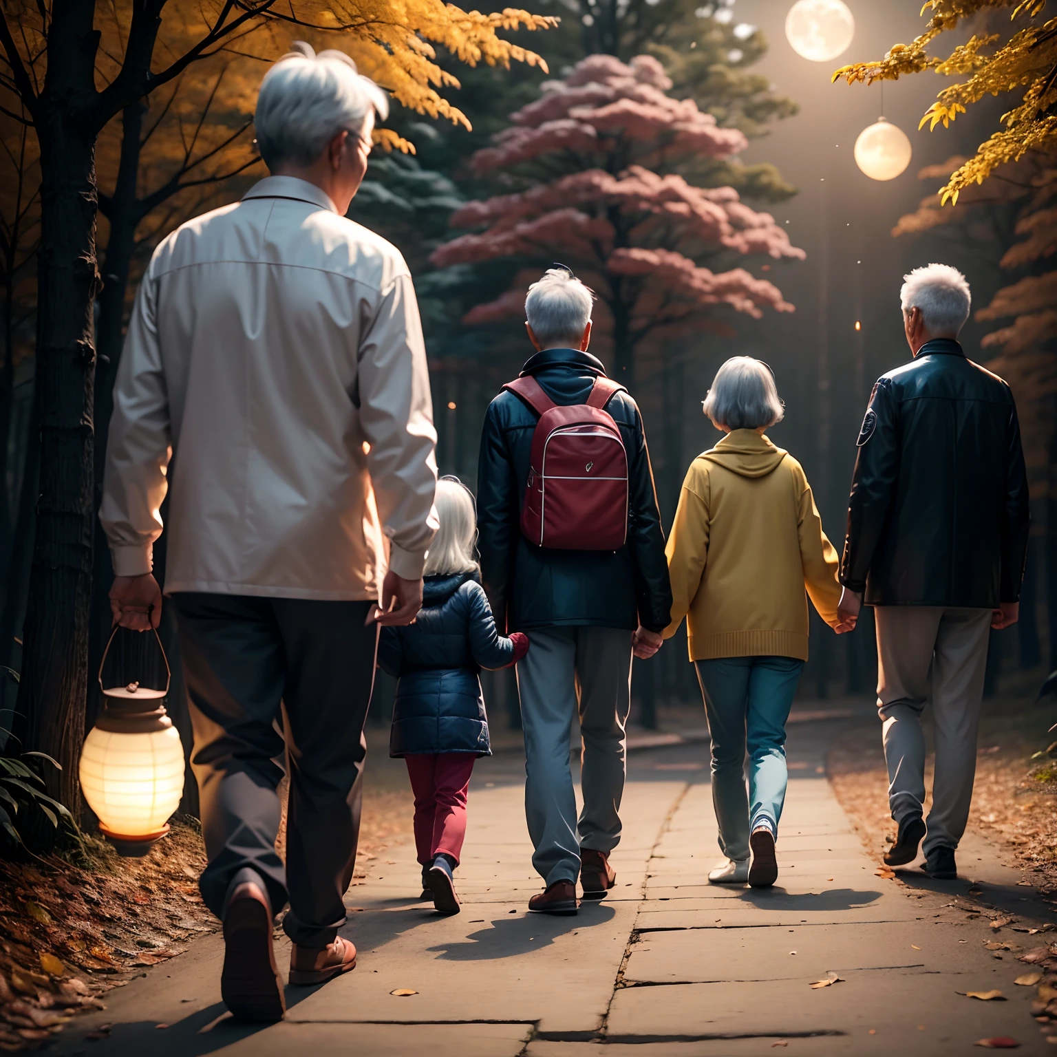 Moon,natta,Mid-Autumn Festival,autumn scenery,Older men,elderly woman,Homem de meia idade,middle aged women,There is a silver-haired 5-year-old girl,Five people walking together in the forest,cheerfulness,big laughter,lantern,trousers,Turn your back to the lens,Cartoon style