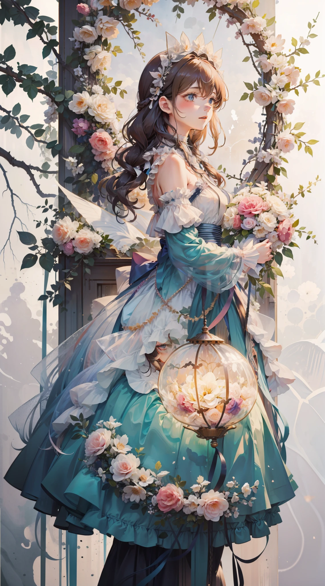 (Extremely delicate and beautiful:1.5),1girl, standing on your feet,full bodyesbian,ssmile,By bangs, eBlue eyes, Contre-Jour,Long hair, butterflys, brown hair, Keep one's mouth shut, seen from the side, lanterns, light particules, longer sleeves, looking at viewert,pink bows,独奏