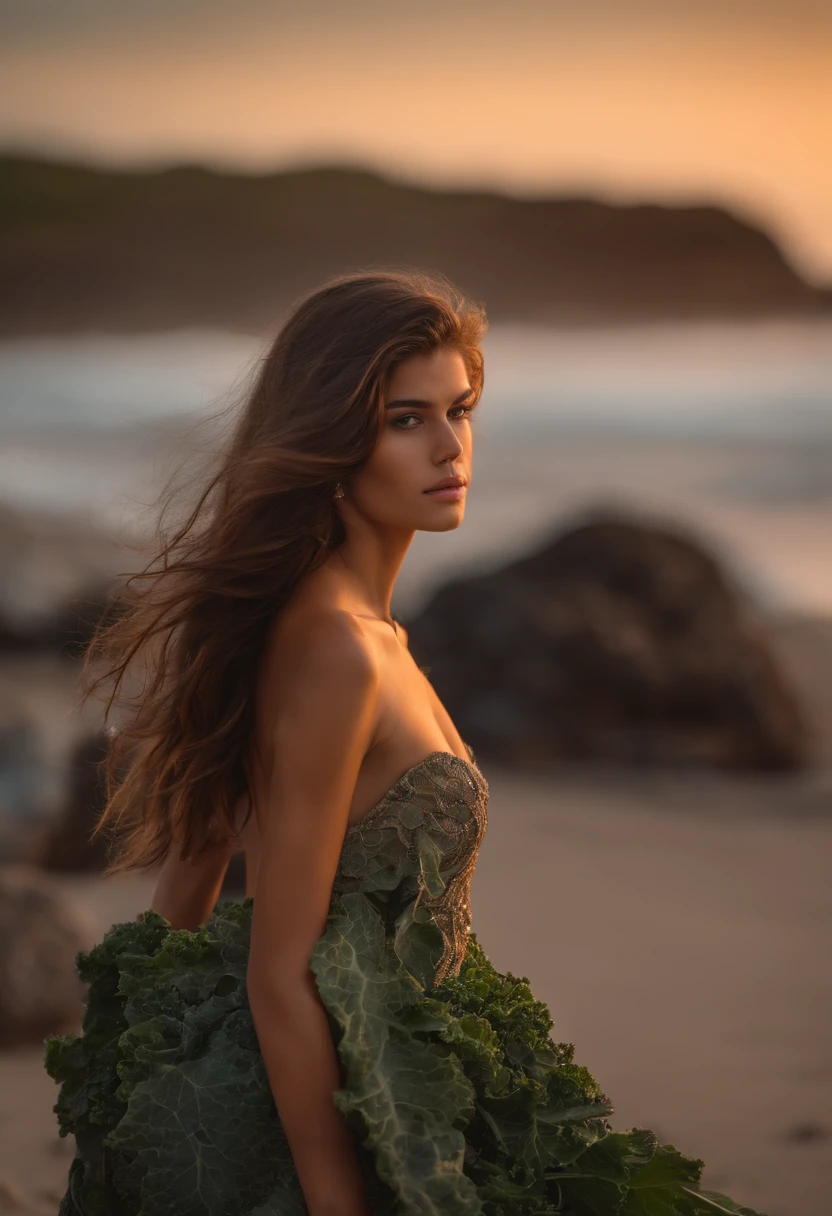 Beautiful brunette Arafed, Long hair, Traight Hair, full - body, Kale, Naked, Kale, walking on the beach ,  Kaia Gerber giant breasts , Huge breasts size 5  , Beautiful athletic body