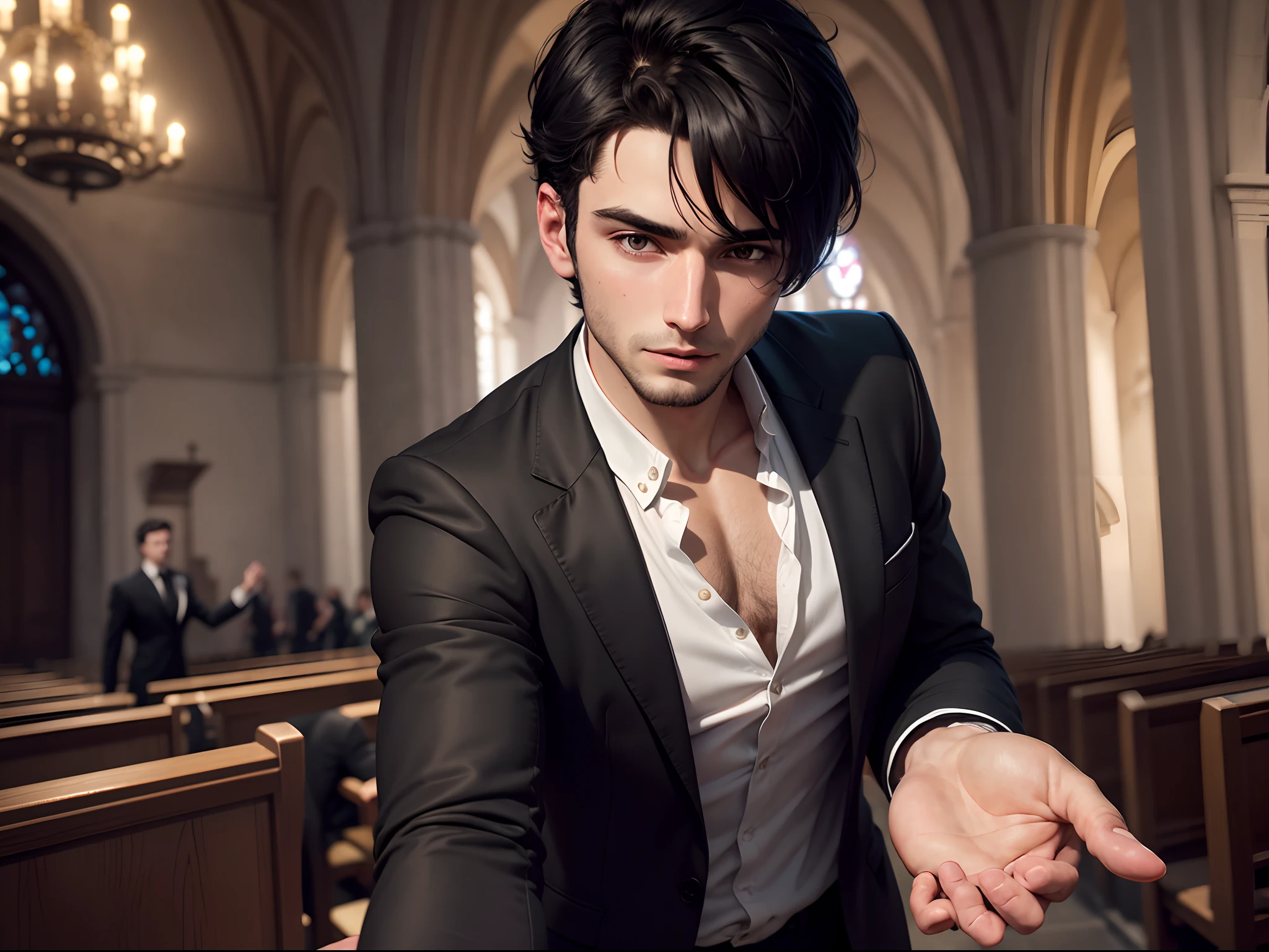 8K realistic image of a 25 year old man, short black hair, dressed in a black blazer and a white blouse underneath, neutral expression, head down, in a line of people inside a church, night scene
