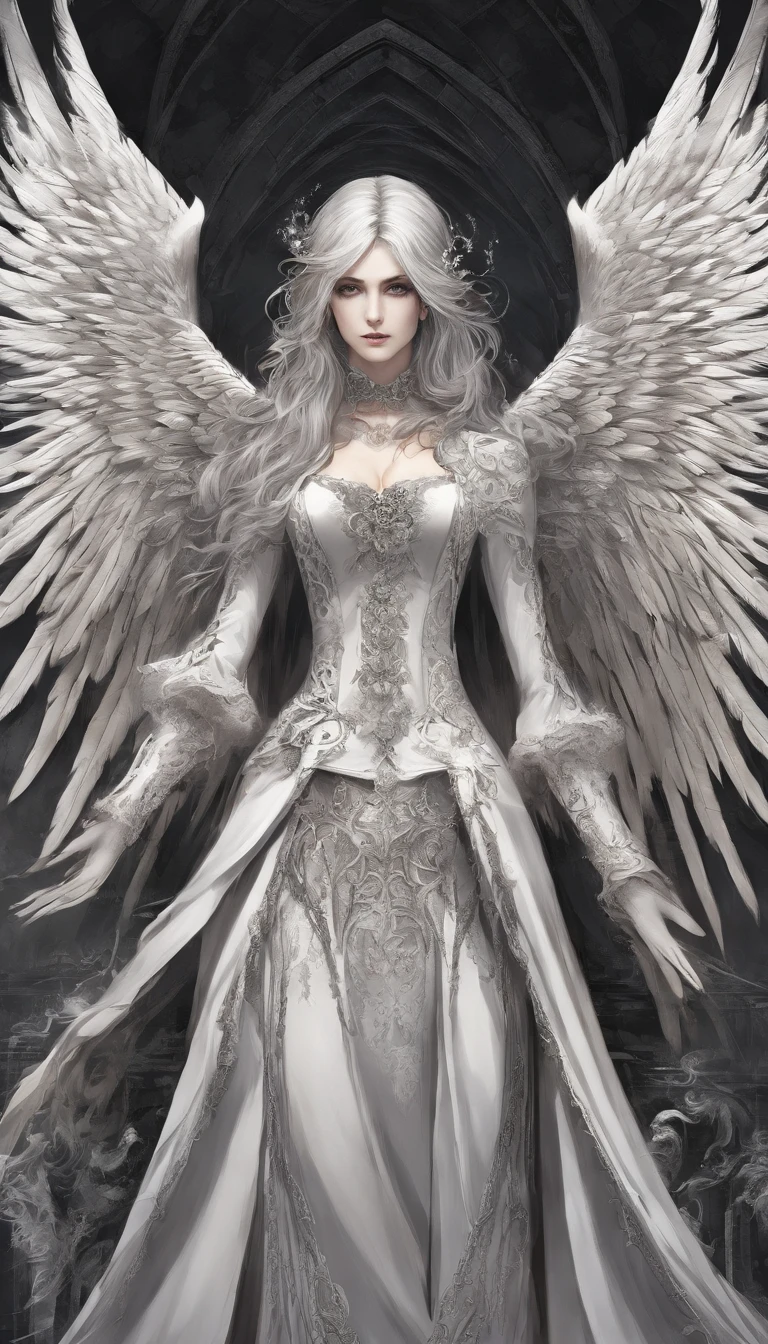 awe-inspiring, Dark and mysterious interior architecture, depth of fields, One-person viewpoint, top-quality, high resolution, highly detailed, ultra -The high-definition, Focus on the eyes, Antiqstyle, (silver hair: 1.1), (Silver eyes: 1.1), big eye,(Fluttering chest:1.4), light rays, Tyndall phenomenon, Strong light shines in, Fallen angel, Black wings, Castlevania, Alucard, male people, Antique victorian clothing, 27yo