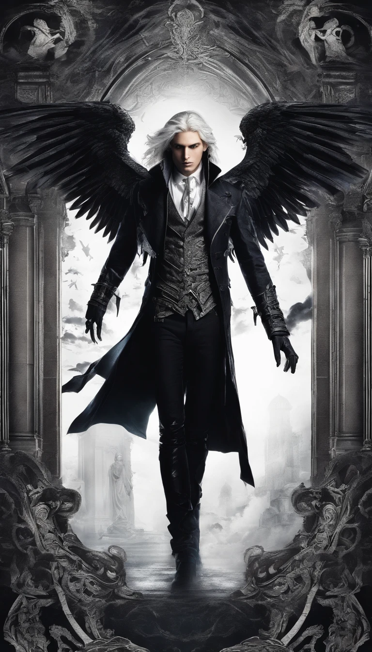awe-inspiring, Dark and mysterious interior architecture, depth of fields, One-person viewpoint, top-quality, high resolution, highly detailed, ultra -The high-definition, Focus on the eyes, Antiqstyle, (silver hair: 1.1), (Silver eyes: 1.1), big eye,(Fluttering chest:1.4), light rays, Tyndall phenomenon, Strong light shines in, Fallen angel, Black wings, Castlevania, Alucard, male people, Antique victorian clothing, 27yo