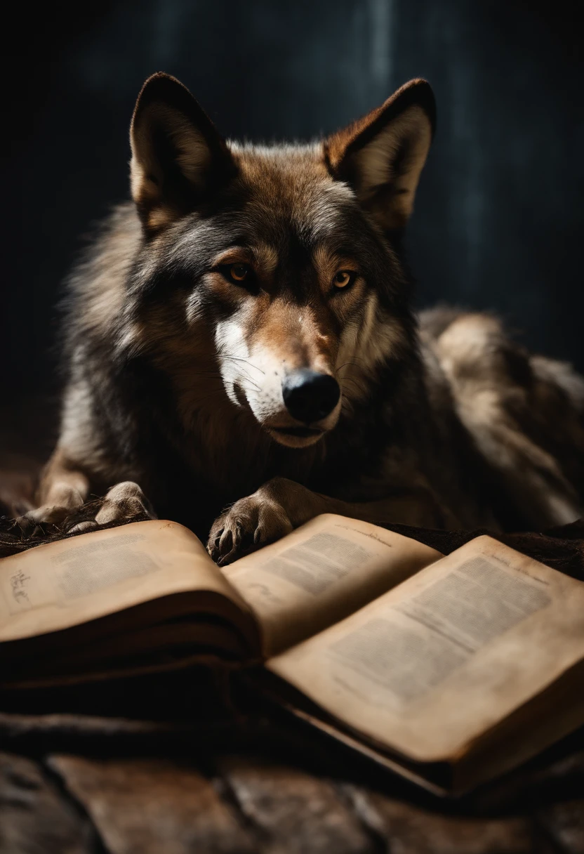 Book of the curse of the ancient wolf with battered leather cover and worn pages