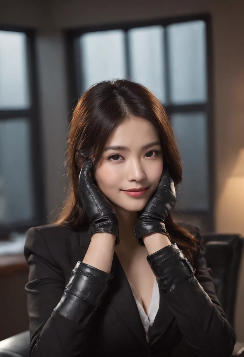 Wearing black leather gloves on both hands, Upper body, Black business suit, Facing the desk in my room with a computer in the dark, Look down and smile, Operating the computer with the fingertips of black leather gloves, Black hair was tied back for a long time, Japan female new employee who is still young and very cute (Black leather gloves cover both hands)