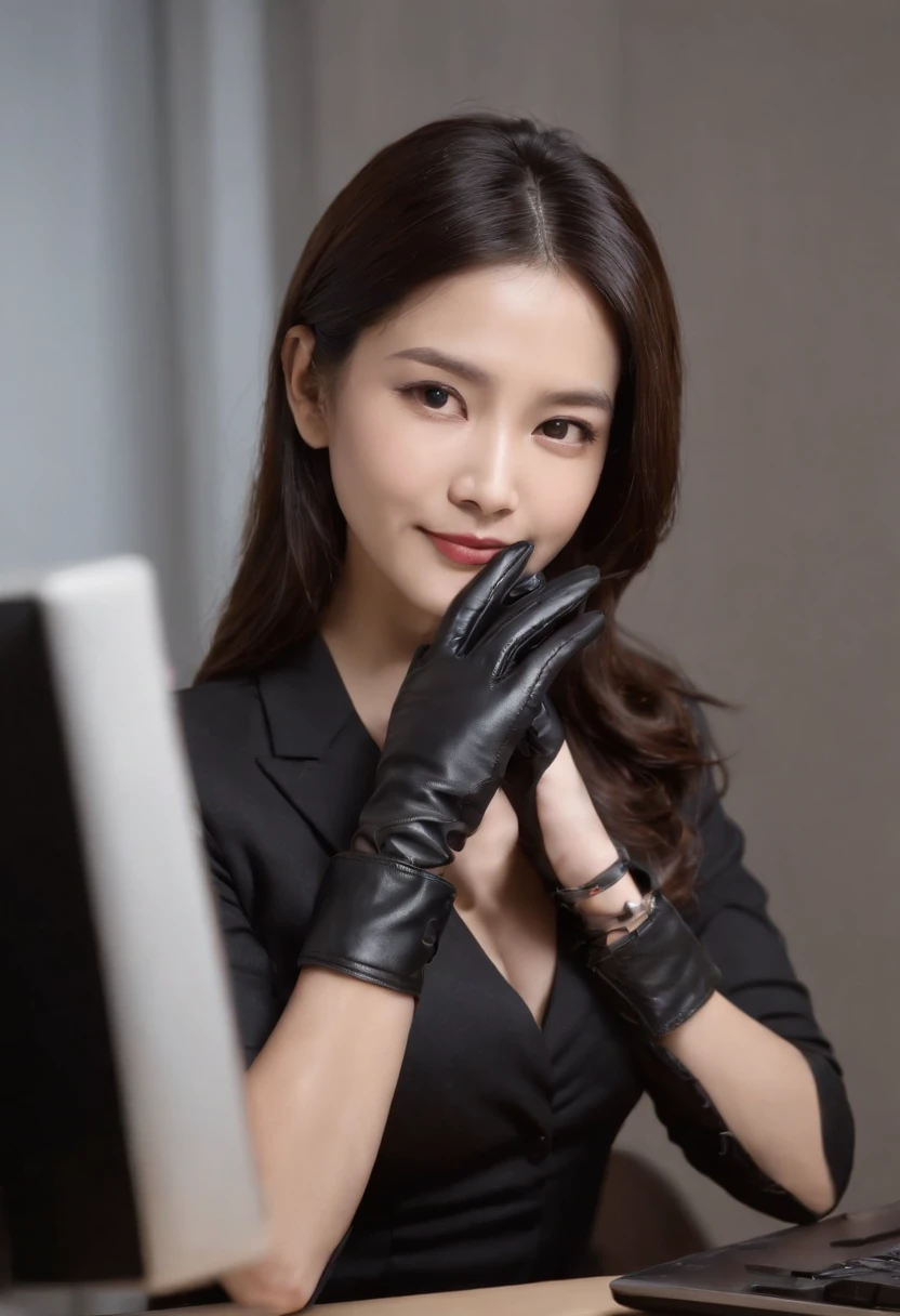 Wearing black leather gloves on both hands, Upper body, Black business suit, Facing the desk in my room with a computer in the dark, Look down and smile, Operating the computer with the fingertips of black leather gloves, Black hair was tied back for a long time, Japan female new employee who is still young and very cute (Black leather gloves cover both hands)