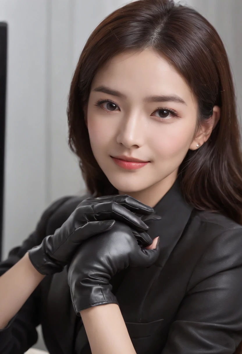 Wearing black leather gloves on both hands, Upper body, Black business suit, Facing the desk in my room with a computer in the dark, Look down and smile, Operating the computer with the fingertips of black leather gloves, Black hair was tied back for a long time, Japan female new employee who is still young and very cute (Black leather gloves cover both hands)