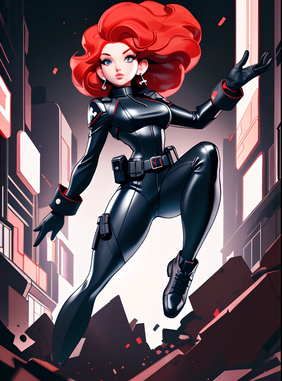Black widow, short hair, pure black leather tights, pure red hair, attack action, face close-up, action with impact, full body, perspective composition, exaggerated composition, perfect composition, perfect eyes, large perspective, dynamic composition, background is city, neon, night