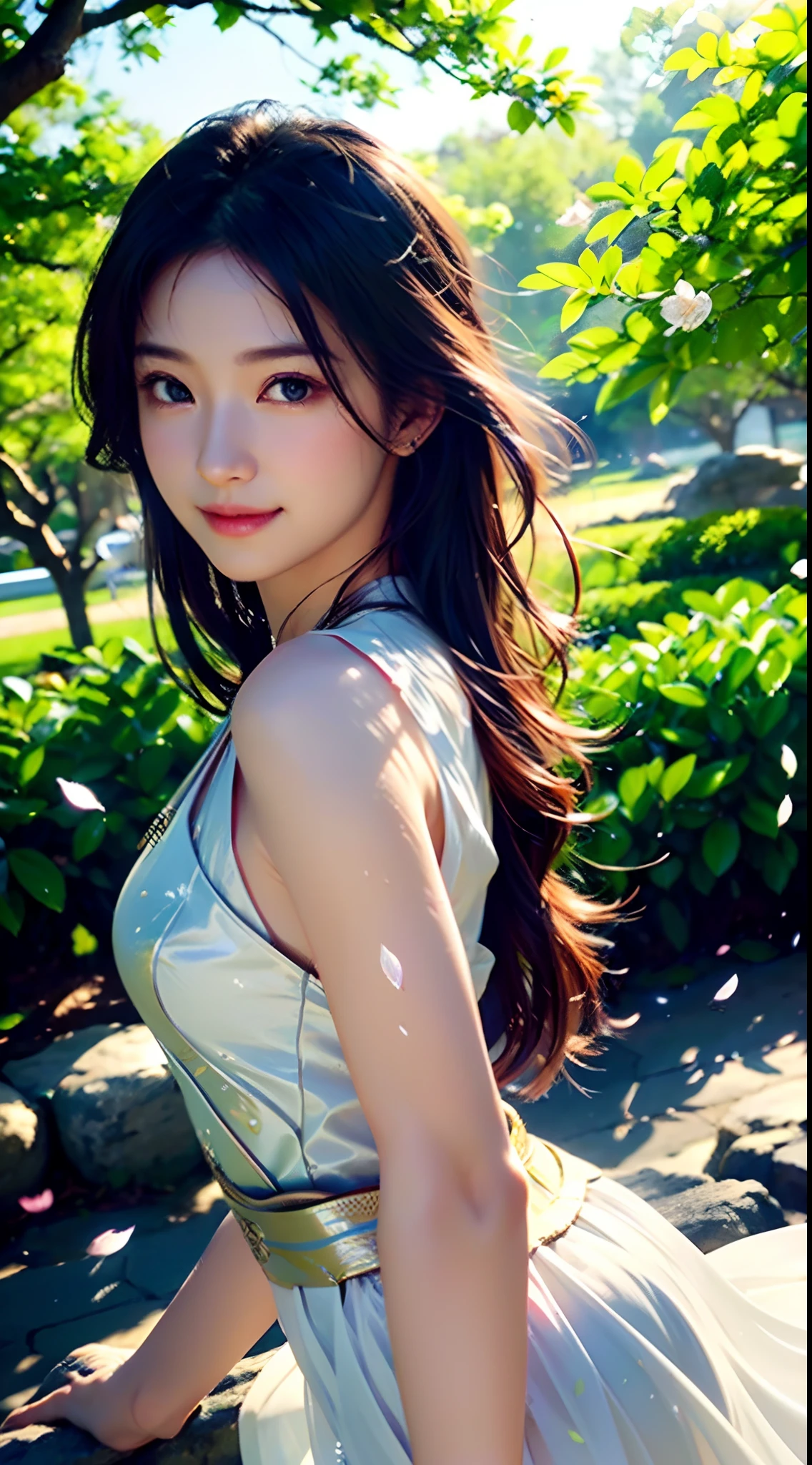 (Best quality,4K,A high resolution,Ultra-detailed,Realistic:1.37),Vivid colors,Sunlight,llight rays,bergamot,white blossoms,Beautiful girl,Exquisite features,Flowing hair,Serene expression,Garden setting,Elaborate dress,Soft sunlight,Gentle breeze,Cheerful ambiance,Backlit scene,a hint of smile,ethereal glowing,Fresh in the morning,Long shadows,harmony of nature,subtle reflections,Natural beauty,Twinkling dewdrops,Clear detail,serenity and calm,Sublime ingredients,Arrive at the branch,whispering leaves,Aromatherapy petals,with light glowing,Sparkling highlights,Subtle shadows,Soft focus,Sublime beauty,Whisper natural,Fantastical Atmosphere,Illuminated background.banchan