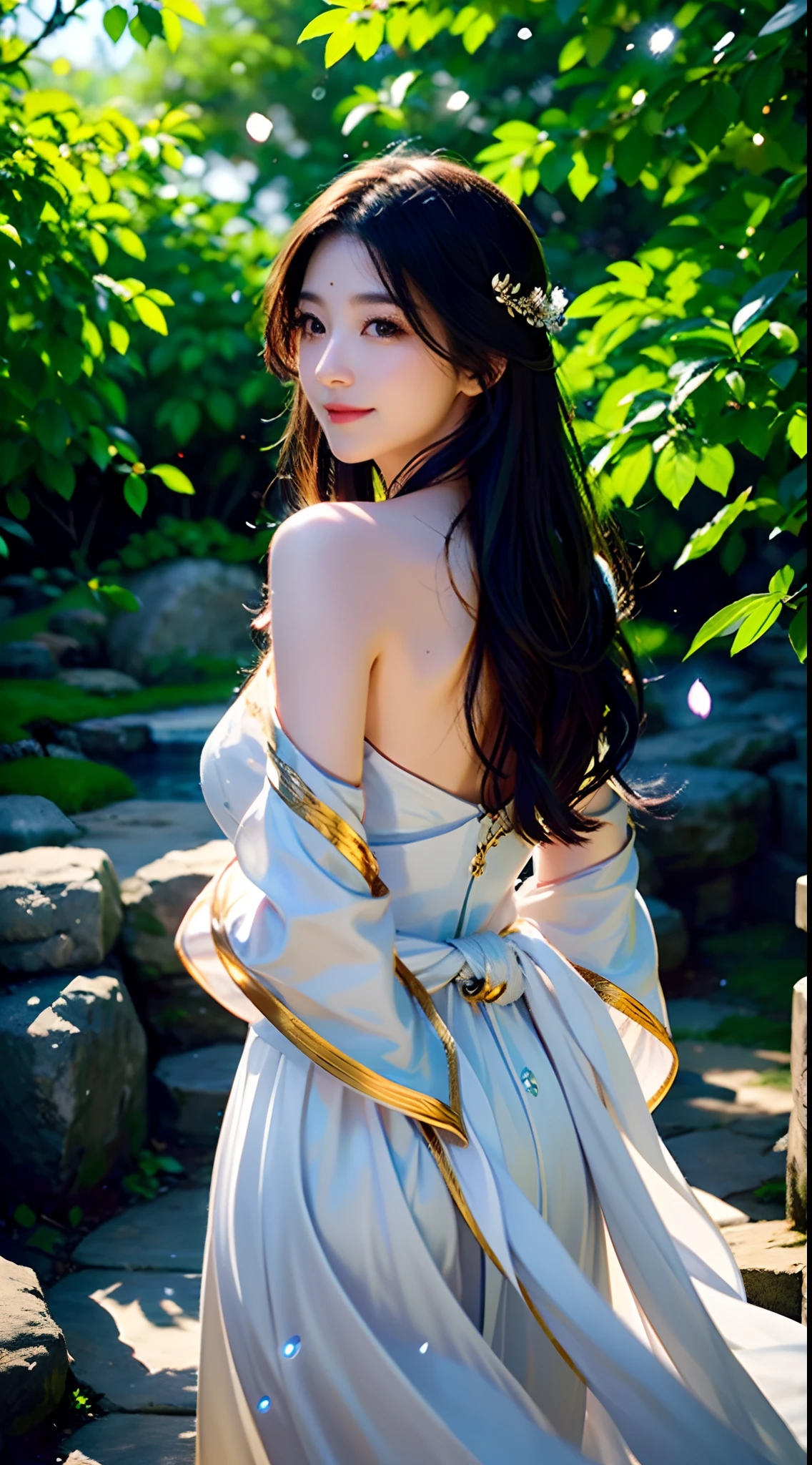 (Best quality,4K,A high resolution,Ultra-detailed,Realistic:1.37),Vivid colors,Sunlight,llight rays,bergamot,white blossoms,Beautiful girl,Exquisite features,Flowing hair,Serene expression,Garden setting,Elaborate dress,Soft sunlight,Gentle breeze,Cheerful ambiance,Backlit scene,a hint of smile,ethereal glowing,Fresh in the morning,Long shadows,harmony of nature,subtle reflections,Natural beauty,Twinkling dewdrops,Clear detail,serenity and calm,Sublime ingredients,Arrive at the branch,whispering leaves,Aromatherapy petals,with light glowing,Sparkling highlights,Subtle shadows,Soft focus,Sublime beauty,Whisper natural,Fantastical Atmosphere,Illuminated background.banchan