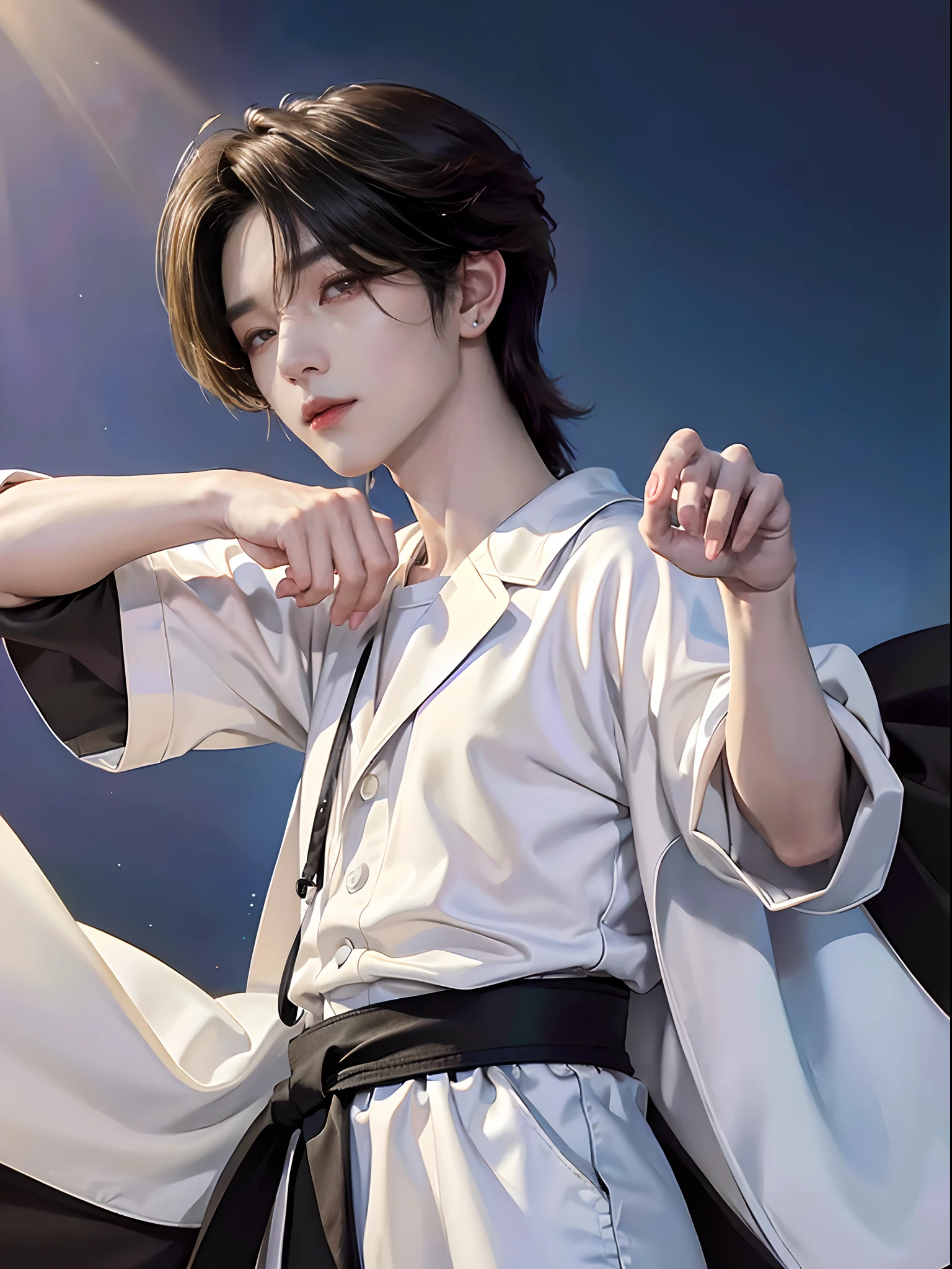masterpiece、(top-quality)、((high-level image quality))、One Manly Boy、Slim body、((White Y-shirt and long black pants))、(Detailed beautiful eyes)、Walking together on the road at night、Face similar to Chaewon in Ruseraphim、((short hair above the ears))、((Smaller face))、((Neutral face))、((Light brown eyes))、((Korean boy))、((18year old))、((Handsome man))、((Wild look))、((Korean Makeup))、((elongated and sharp eyes))、((Walk in front of the viewer))、((Shoot from behind at close range))、((The upper part of the body))