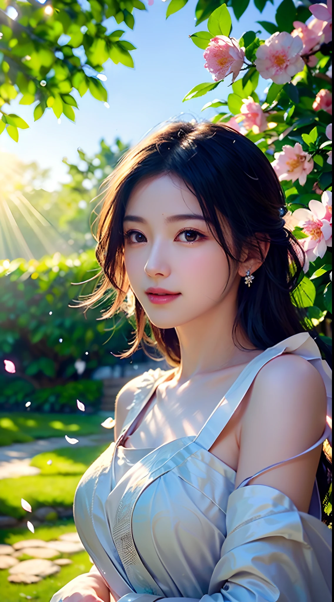 (Best quality,4K,A high resolution,Ultra-detailed,Realistic:1.37),Vivid colors,Sunlight,llight rays,bergamot,white blossoms,Beautiful girl,Exquisite features,Flowing hair,Serene expression,Garden setting,Elaborate dress,Soft sunlight,Gentle breeze,Cheerful ambiance,Backlit scene,a hint of smile,ethereal glowing,Fresh in the morning,Long shadows,harmony of nature,subtle reflections,Natural beauty,Twinkling dewdrops,Clear detail,serenity and calm,Sublime ingredients,Arrive at the branch,whispering leaves,Aromatherapy petals,with light glowing,Sparkling highlights,Subtle shadows,Soft focus,Sublime beauty,Whisper natural,Fantastical Atmosphere,Illuminated background.banchan