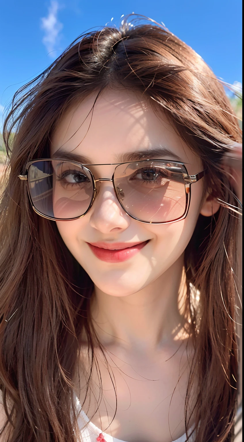a close up of a woman with sunglasses on smiling at the camera, with sunglass, dilraba dilmurat, phong shaded, maya ali, designer sunglasses, with sunglasses, in sun glasses, sunglasses on, sun glasses, hot with shining sun, sunglasses, maya ali mage, cindy avelino, shades, nivanh chanthara, with square glasses, Best picture quality, masterpiece, ultra high resolution, 8k, cleavage, big boobs, bust detail, hair detail, eye detail, sharp eyes, thin smile, professional lighting