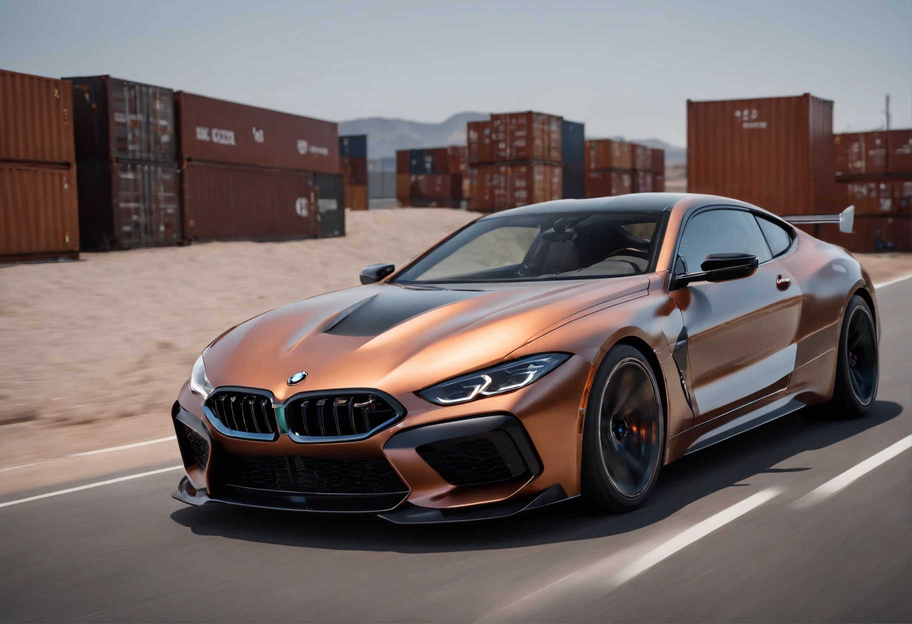 a close up of a copper and black bagged 2024 BMW m8  racecar driving past shipping containers at high speeds, motion blur, panning shot, wheel motion captured, 1/4second exposure, hyper real render, 8 k cg render, angry 8 k, 8k render”, 8 k render, 8k render, wide body, hyper realistic style, in game style 8k, 8k octane 3d render, 8k in the style, 8k octane rendered, realistic cars