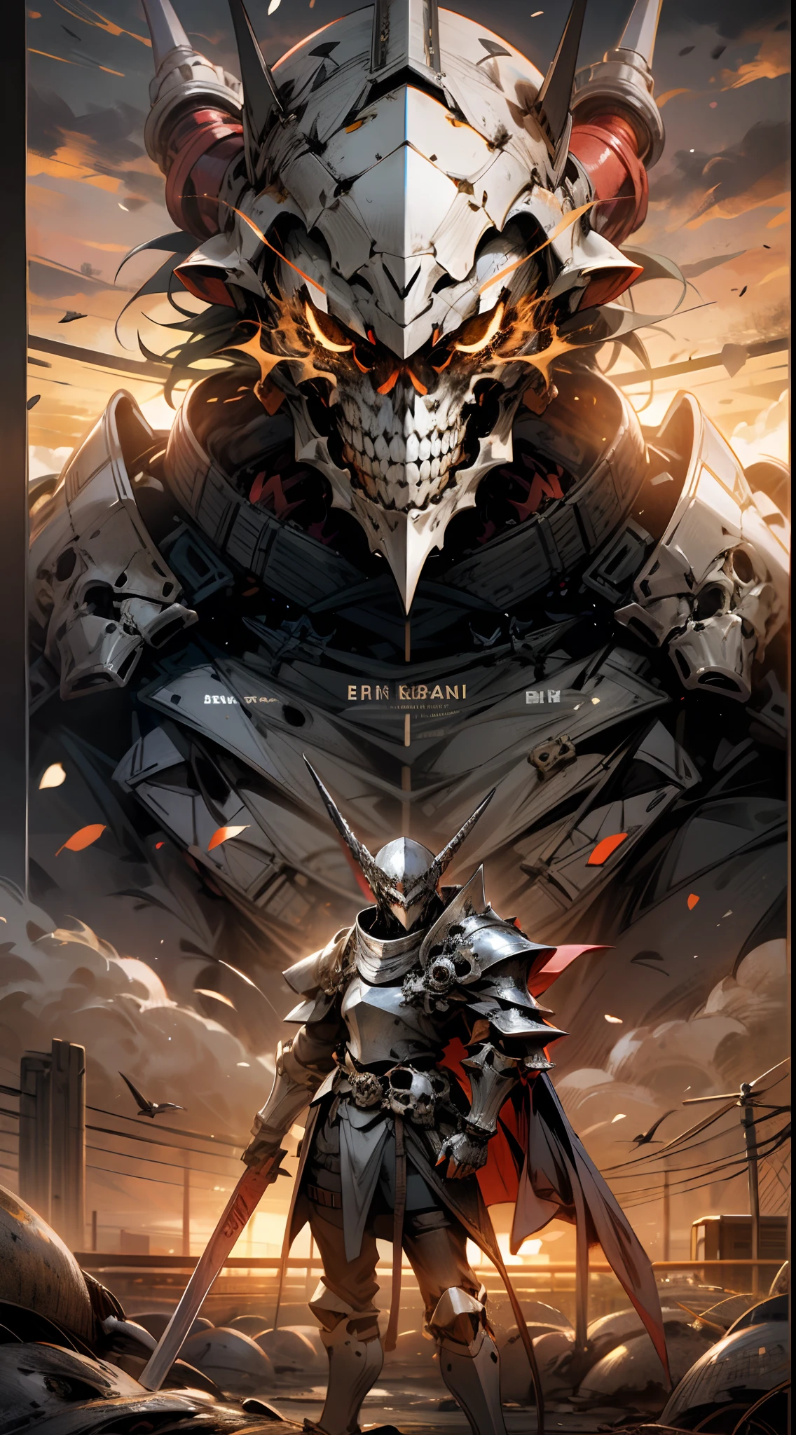 giant biological robot, samurai, skeleton face, giant skeleton,, anime art