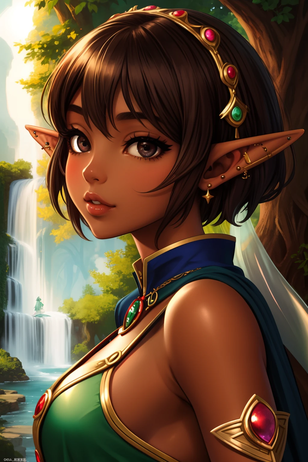 Masterpiece, high quality, (Deep brown skin tone:0.8), elf, fit, beautiful elf, sexy elf, female, portrait, piercings, virgin, black eyes, princess, Aesthetic, pixie cut, sunny day