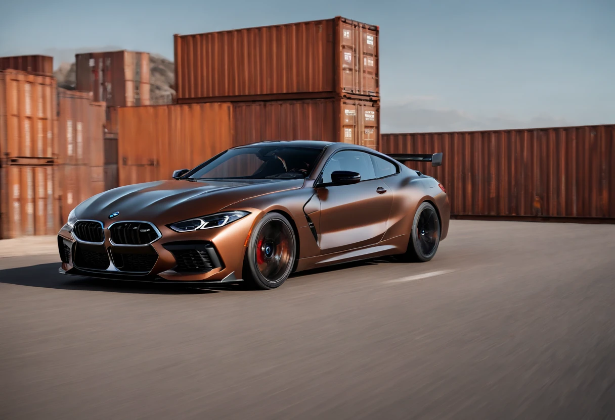 a panning shot of a copper and black bagged 2024 BMW m8 racecar driving past shipping containers at high speeds, motion blur, panning shot, wheel motion captured, 1/4second exposure, hyper real render, 8 k cg render, angry 8 k, 8k render”, 8 k render, 8k render, wide body, hyper realistic style, in game style 8k, 8k octane 3d render, 8k in the style, 8k octane rendered, realistic cars