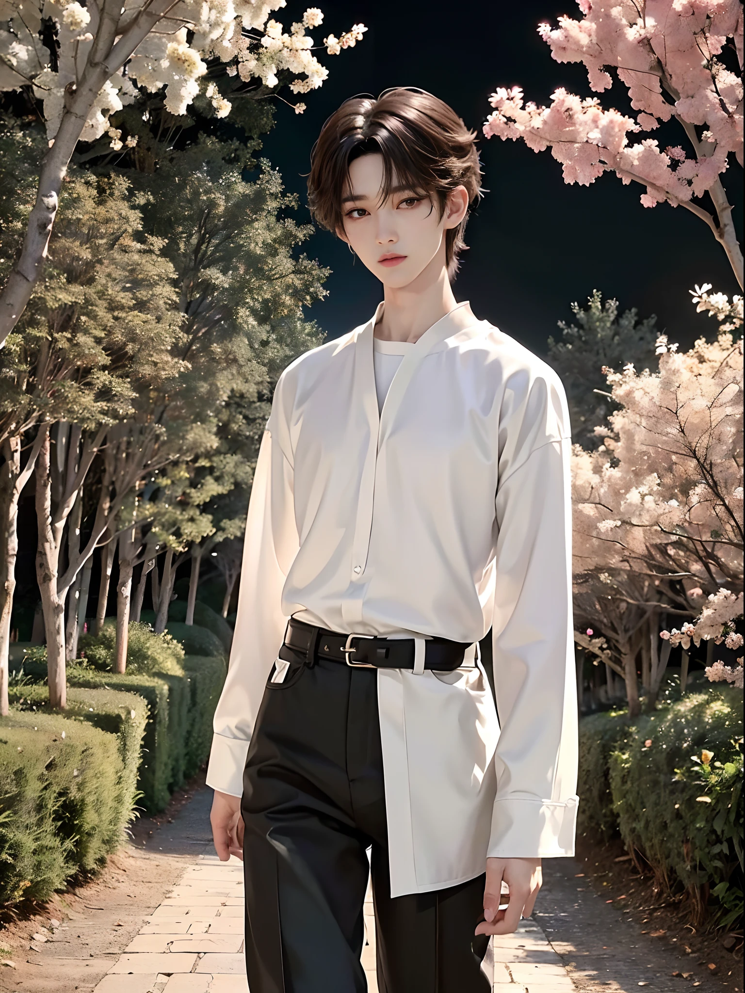 masterpiece、(top-quality)、((high-level image quality))、One Manly Boy、Slim body、((White Y-shirt and long black pants))、(Detailed beautiful eyes)、Walking together on the road at night、Face similar to Chaewon in Ruseraphim、((short hair above the ears))、((Smaller face))、((Neutral face))、((Light brown eyes))、((Korean boy))、((18year old))、((Handsome man))、((Wild look))、((Korean Makeup))、((elongated and sharp eyes))、((Walk in front of the viewer))、((Shot from behind at close range))、((The upper part of the body))
