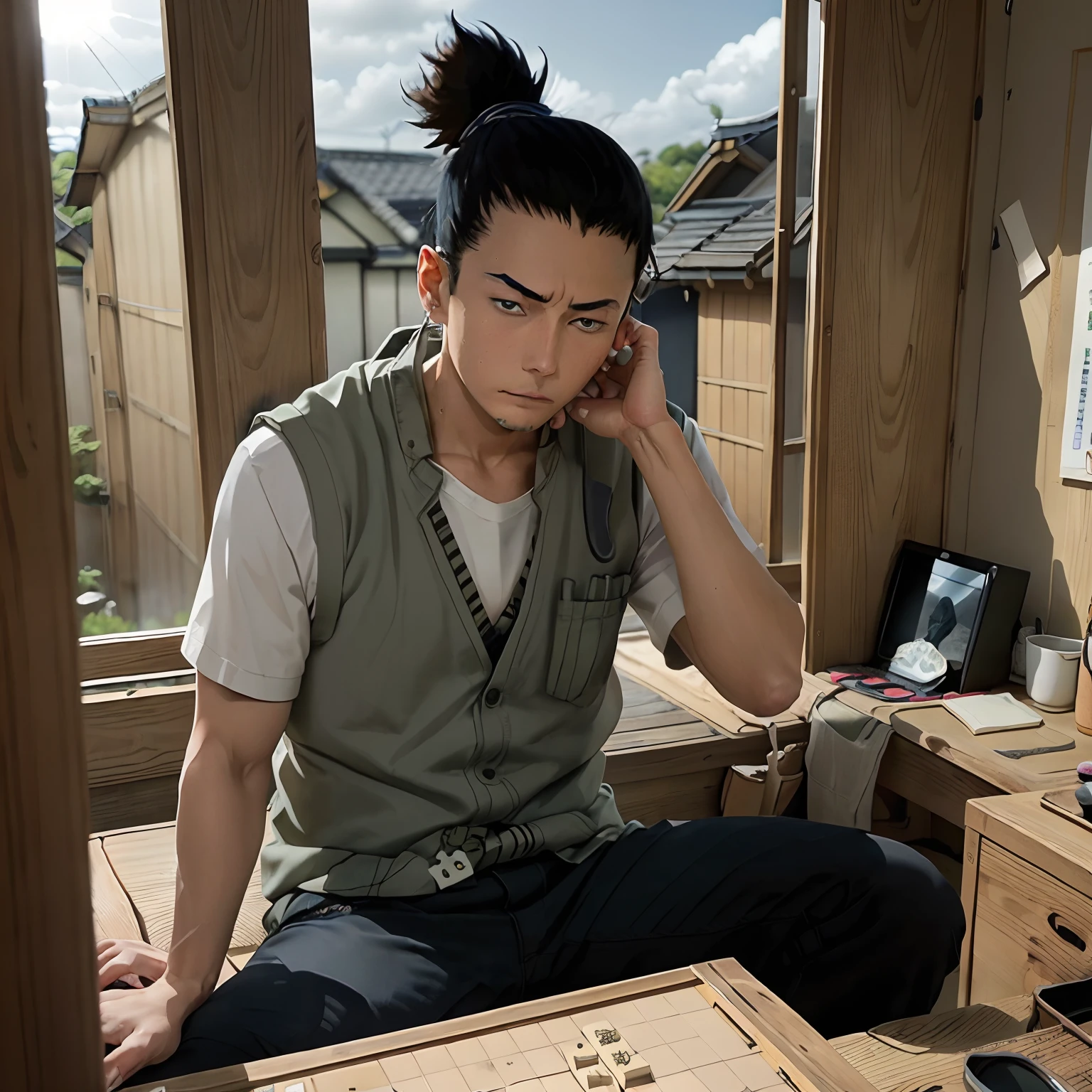 Nara Shikamaru, 1boy, Solo, deadpan, bored, Sitting in front of a desk, crass room, Sunlight, traditional Japanese room、Tatami mats、Outside the window, Clouds in the blue sky、Green vest over black shirt、(8K、Raw photography、top-quality、​masterpiece:1.2)、(realisitic、Photorealsitic:1.37)、ultra-detailliert、Playing shogi、Japan Shogi、tall_Shogi_piece_to stand