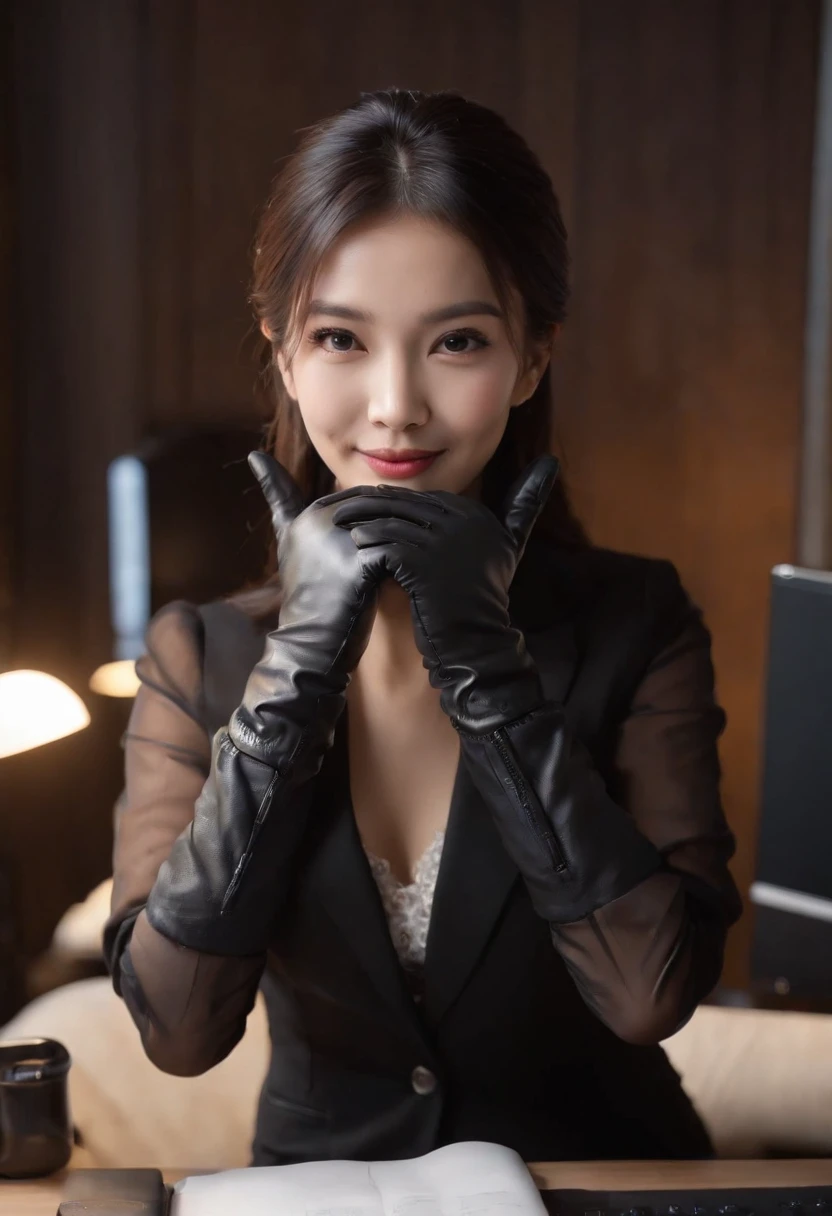 Wearing black leather gloves on both hands, Upper body, Black business suit, Facing the desk in my room with a computer in the dark, Smiling and looking at the screen, Operating the computer with the fingertips of black leather gloves, Black hair was tied back for a long time, Japan female new employee who is still young and very cute (Black leather gloves cover both hands)