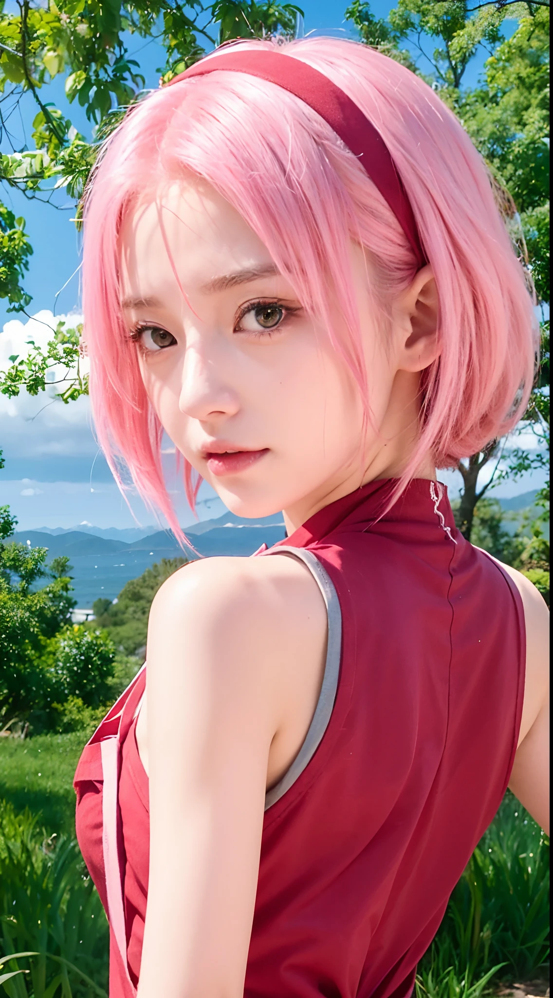 Real life adaption of this character,her name is sakura haruno from anime Naruto,she has a realistic same pink hair with a red headband, realistic same outfit, realistic same apron, beautiful korean teen face, she has green eyes color, realistic light, realistic shadow, realism, hyper realistic,(photorealistic:1.2), realistic background