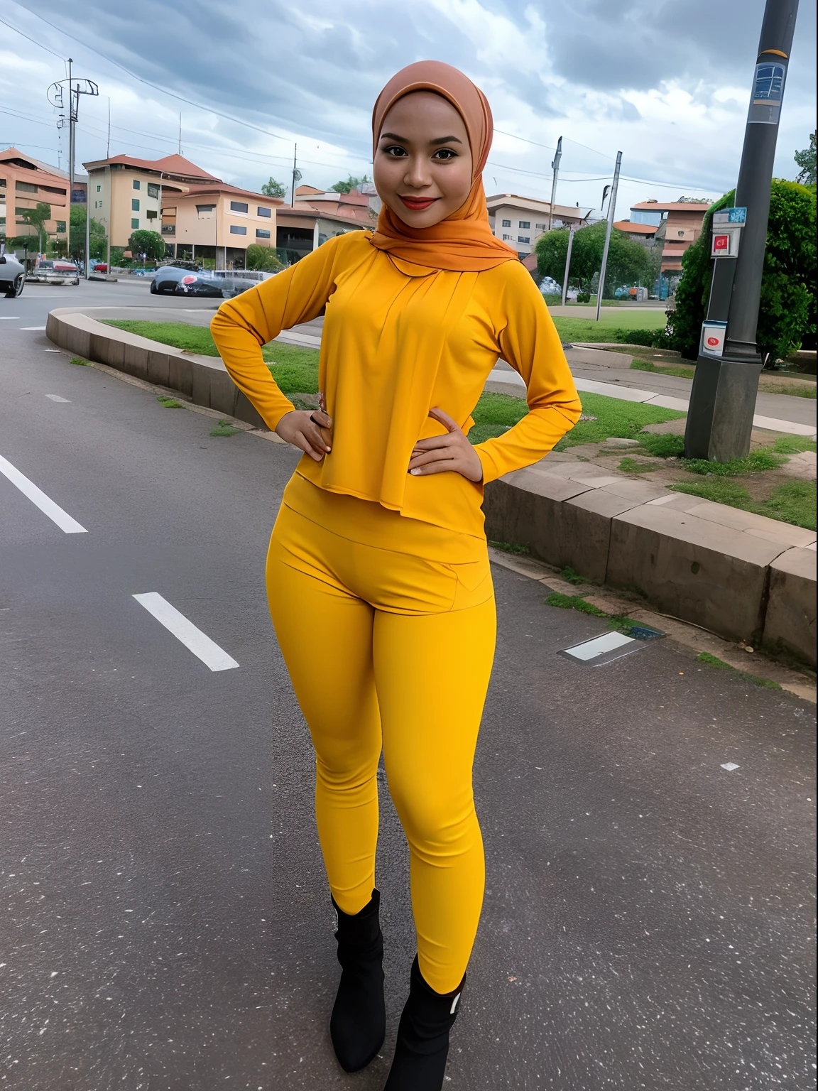1 malay girl, solo, hijab, yellow eyes, medium hijab, superhero, leotard, leggings, boots, hands on hip, city backdrop