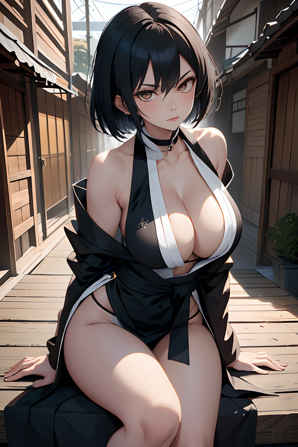 Create Soi Fon, a fictional character from the anime and manga series "Bleach"knee-length black robe adorned with white trim and a high collar. This robe, standard for Shinigami, remains open at the front, revealing her white undergarment. Across her waist, she wears a white sash cinched with a black belt, prominently displaying the number "2" in kanji, symbolizing her role as the captain of the 2nd Division. Completing her ensemble are white tabi socks and zori sandals, typical for Shinigami for swift and stealthy movement.Position the camera directly above the subject, looking down towards her. In this angle, the woman can strike a pose that highlights her grace and beauty, such as lying on her back with her arms outstretched or sitting on a staircase with her legs crossed. This perspective accentuates her figure and facial features while creating a sense of vulnerability and intimacy