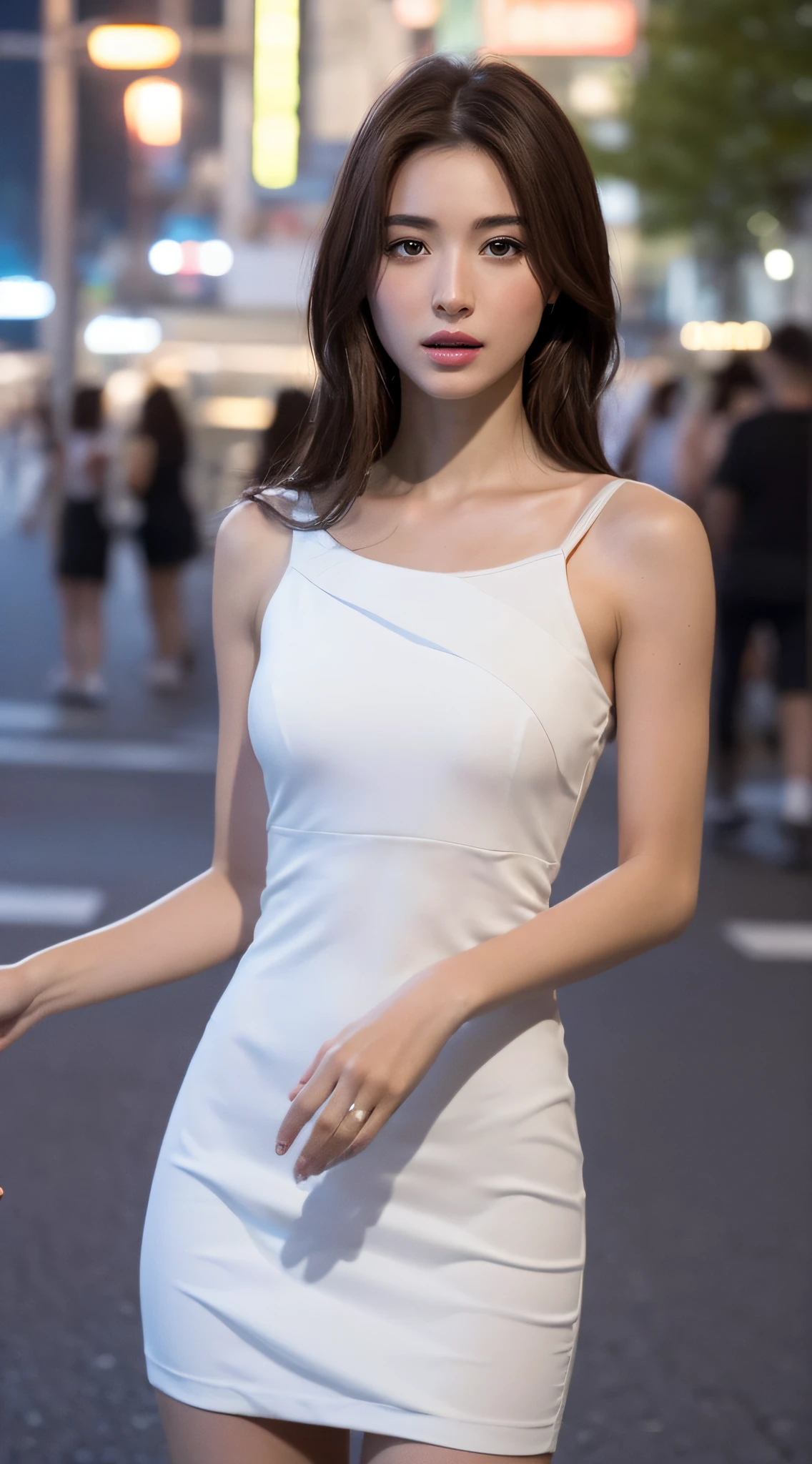 ((Realistic lighting、top-quality、8K、masterpiece:1.3))、Clear Focus:1.2、1girl in、Perfect Body Beauty:1.4、Slim abs:1.1、((dark brown hair))、(outside of house、natta:1.1)、City Street、Superfine Face、Fine Eyes、二重まぶた、fullnude、toppless