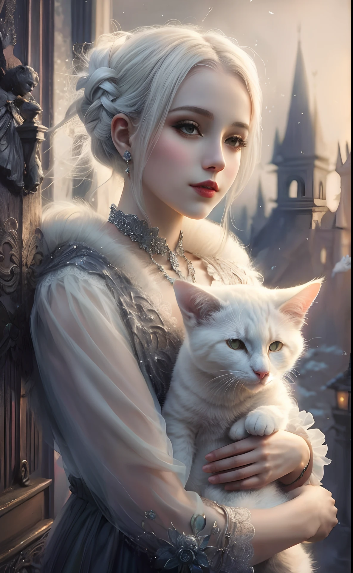 Arafed woman with a white cat in her arms, uma bela raposa senhora, raposa branca, raposa branca - cabelo, fantasia raposa amor, arte de fantasia peluda, retrato bonito da arte da fantasia, bela arte de fantasia,  do gato branco, estilo de arte de fantasia, raposa branca vampiro, meninarelhas de raposa, Arte no estilo de Guweiz, arte de fantasia realista