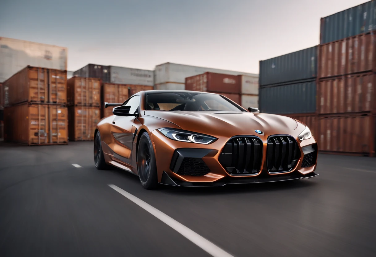a panning shot of a copper and black bagged 2024 BMW m8  racecar driving past shipping containers at high speeds, motion blur, panning shot, wheel motion captured, motion blurred background, 1/4second exposure, hyper real render, 8 k cg render, angry 8 k, 8k render”, 8 k render, 8k render, wide body, hyper realistic style, in game style 8k, 8k octane 3d render, 8k in the style, 8k octane rendered, realistic cars