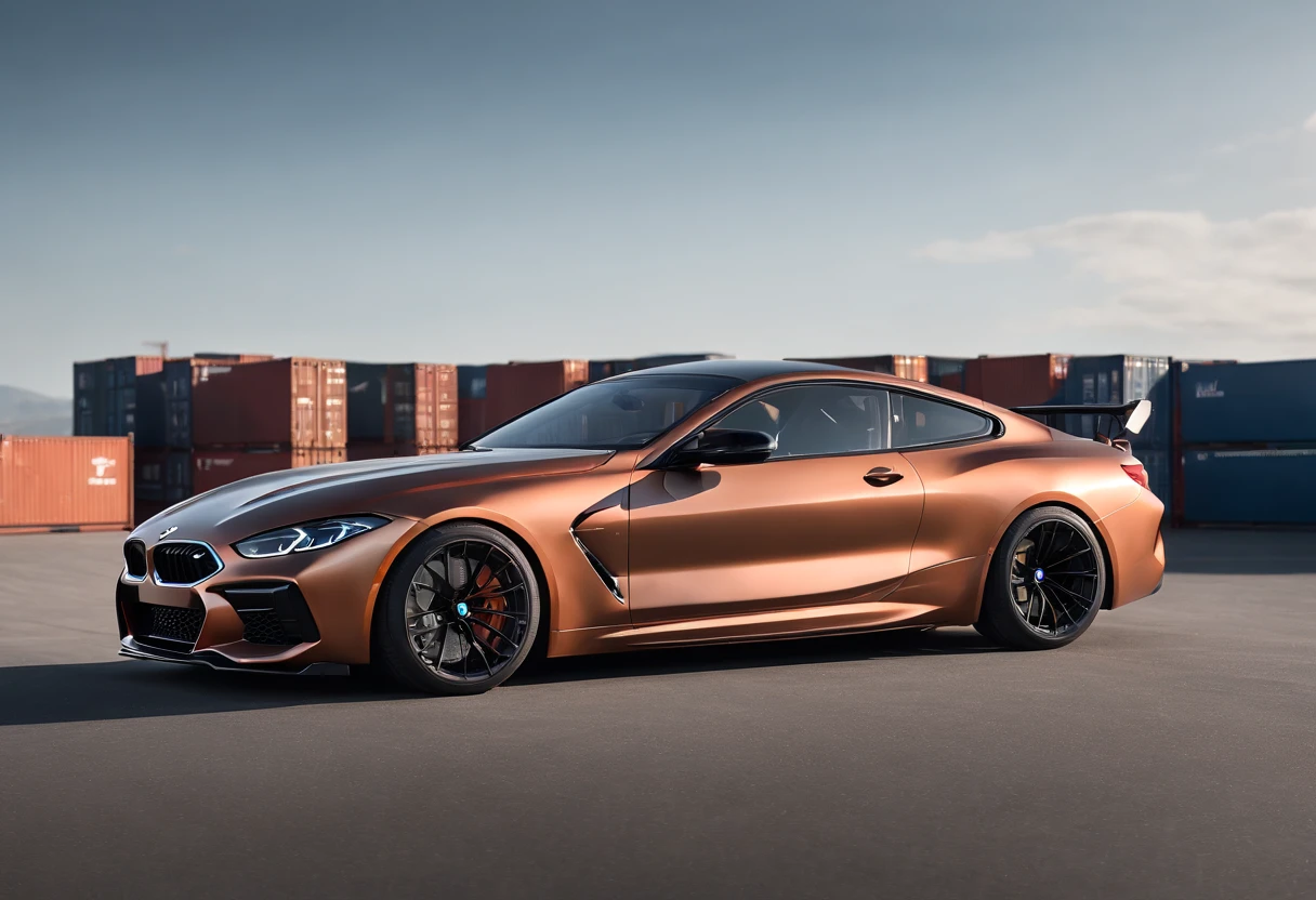 a panning shot of a copper and black bagged 2024 BMW m8  racecar driving past shipping containers at high speeds, motion blur, panning shot, wheel motion captured, motion blurred background, 1/4second exposure, hyper real render, 8 k cg render, angry 8 k, 8k render”, 8 k render, 8k render, wide body, hyper realistic style, in game style 8k, 8k octane 3d render, 8k in the style, 8k octane rendered, realistic cars