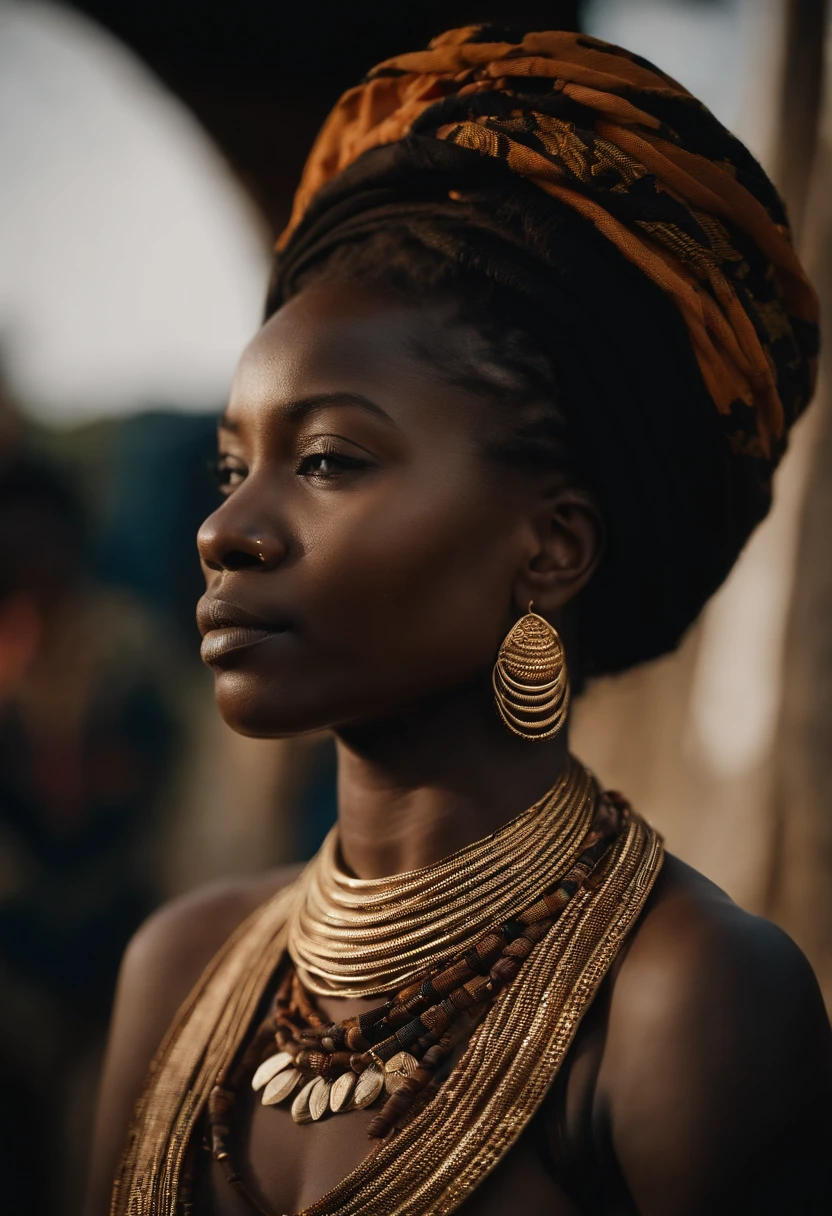 Highly detailed, Female focus, cinematic portrait, beautiful black african woman, neon make up, small breasts, gold jewellery, looking in the distance, bokeh, depth of field, velvia, retro, 4K, desert