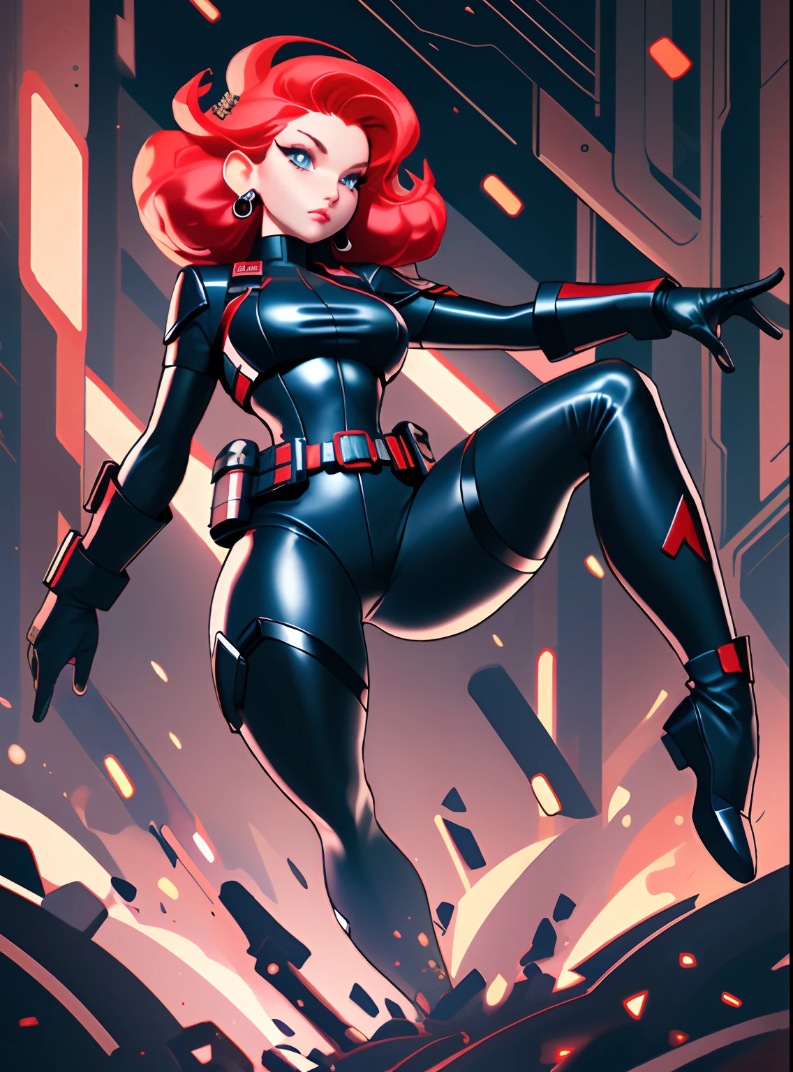 Black widow, short hair, pure black leather tights, pure red hair, attack action, face close-up, action with impact, full body, perspective composition, exaggerated composition, perfect composition, perfect eyes, large perspective, dynamic composition, background is city, neon, night