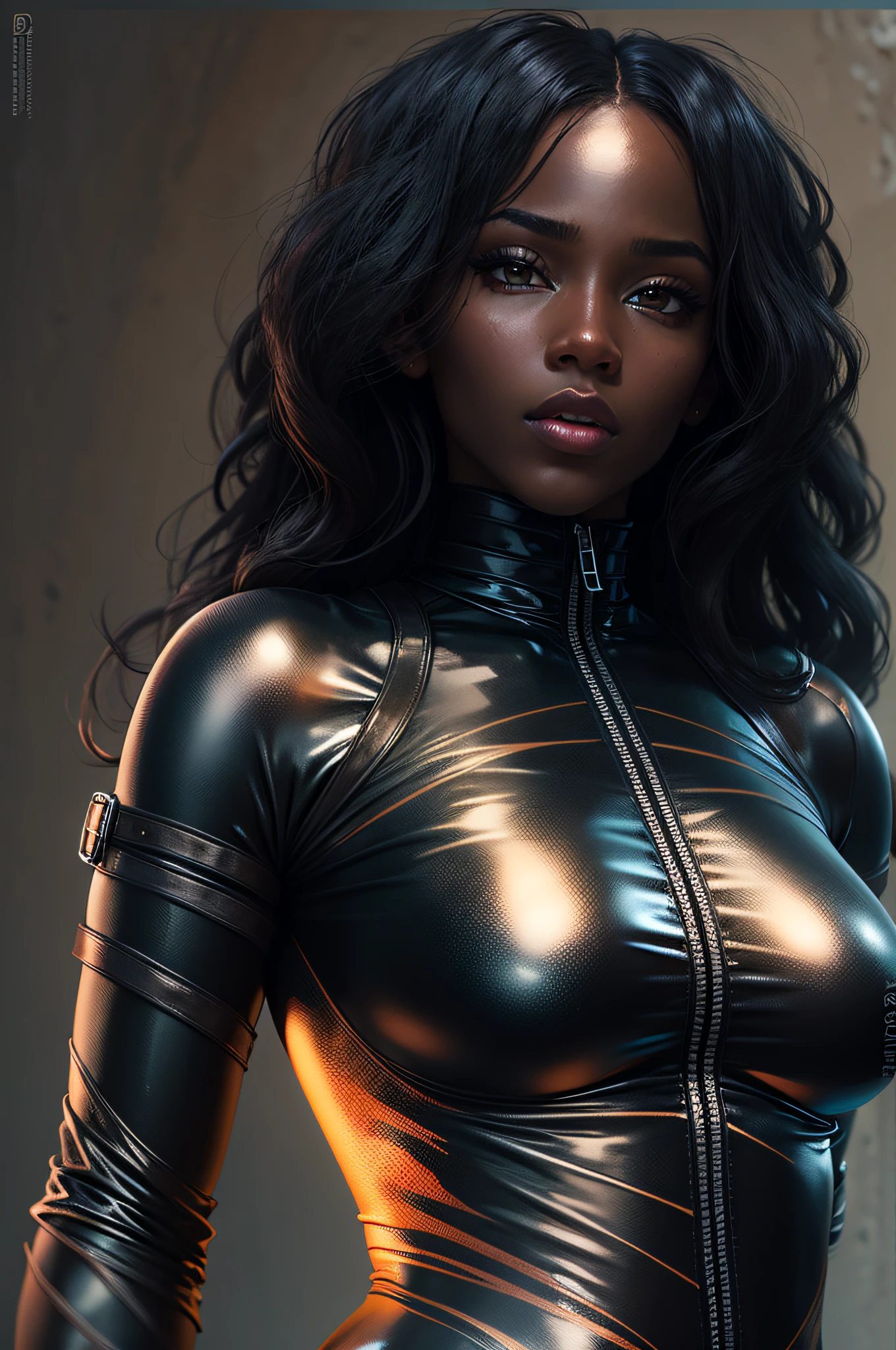 Black woman in catsuit in very bright latex. seductive look, ceinture autour du cou, very dark skin, Tresses, ultrarealistic, 8k, super detail, bondage choking, (best quality), intense angle