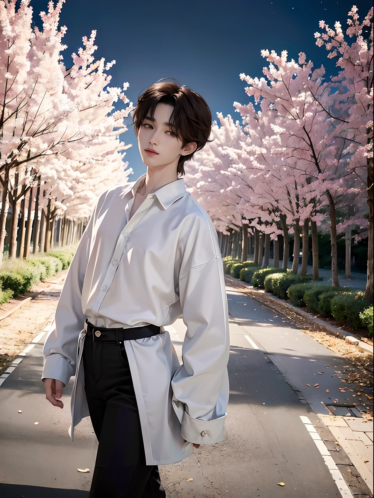 masterpiece、(top-quality)、((high-level image quality))、One Manly Boy、Slim body、((White Y-shirt and long black pants))、(Detailed beautiful eyes)、Walking together on the road at night、Face similar to Chaewon in Ruseraphim、((short hair above the ears))、((Smaller face))、((Neutral face))、((Light brown eyes))、((Korean boy))、((18year old))、((Handsome man))、((Wild look))、((Korean Makeup))、((elongated and sharp eyes))、((Walk in front of the viewer))、((Shot from behind at close range))、((The upper part of the body))