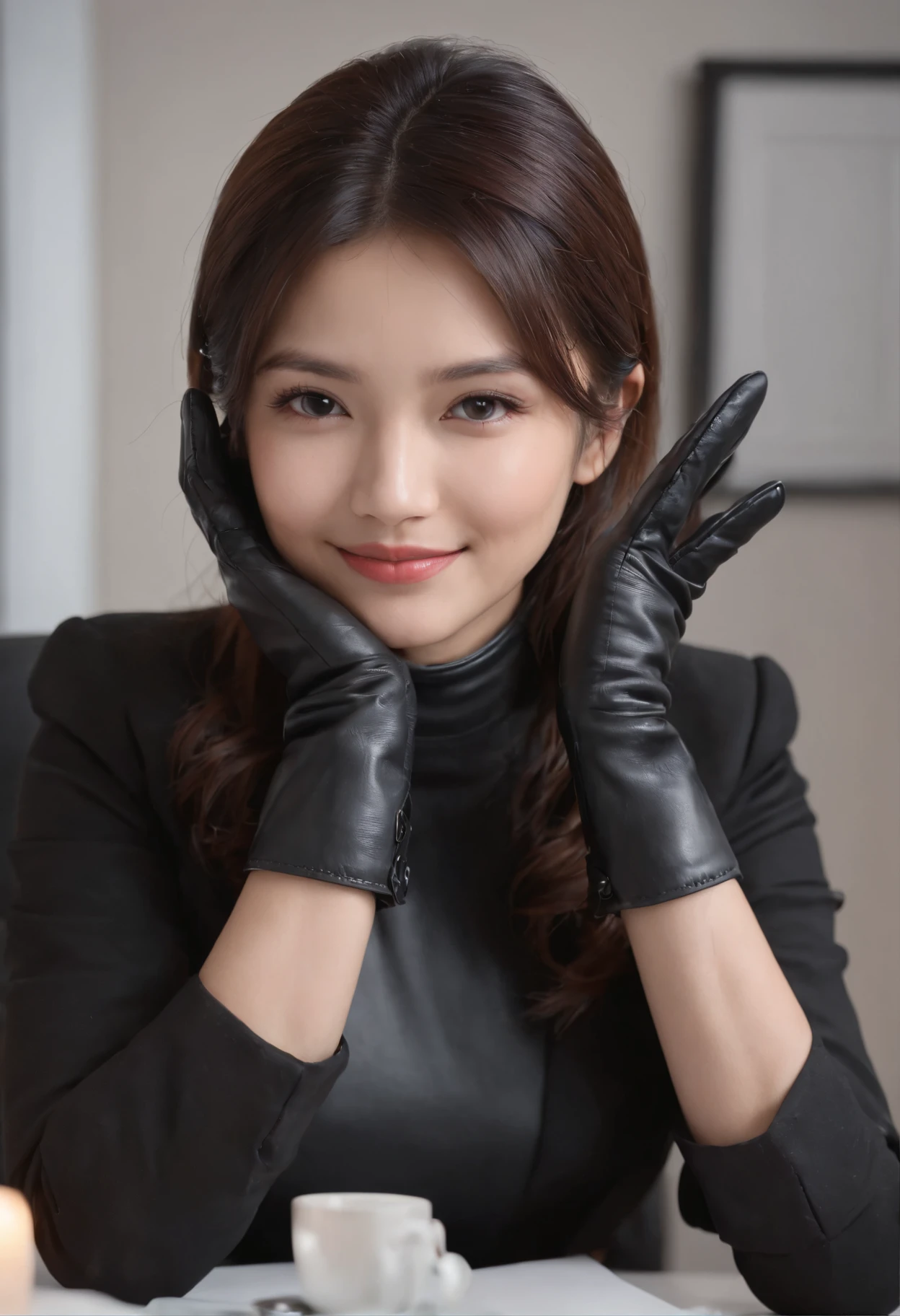 Wearing black leather gloves on both hands, Upper body, Black business suit, Facing the desk in my room with a computer in the dark, Smiling and looking at the screen, Operating the computer with the fingertips of black leather gloves, Black hair was tied back for a long time, Japan female new employee who is still young and very cute (Black leather gloves cover both hands)