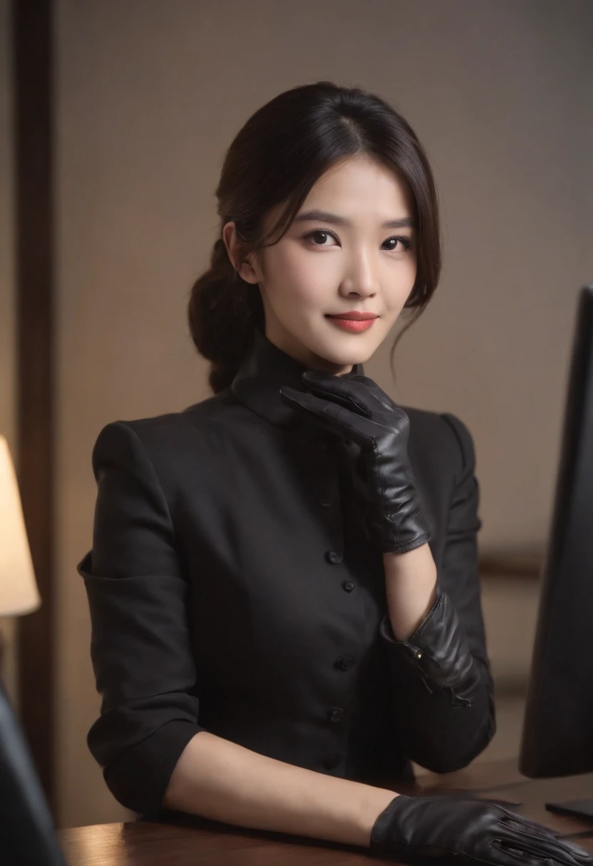Wearing black leather gloves on both hands, Upper body, Black business suit, Facing the desk in my room with a computer in the dark, Look down and smile, Operating the computer with the fingertips of black leather gloves, Black hair was tied back for a long time, Japan female new employee who is still young and very cute (Black leather gloves cover both hands)