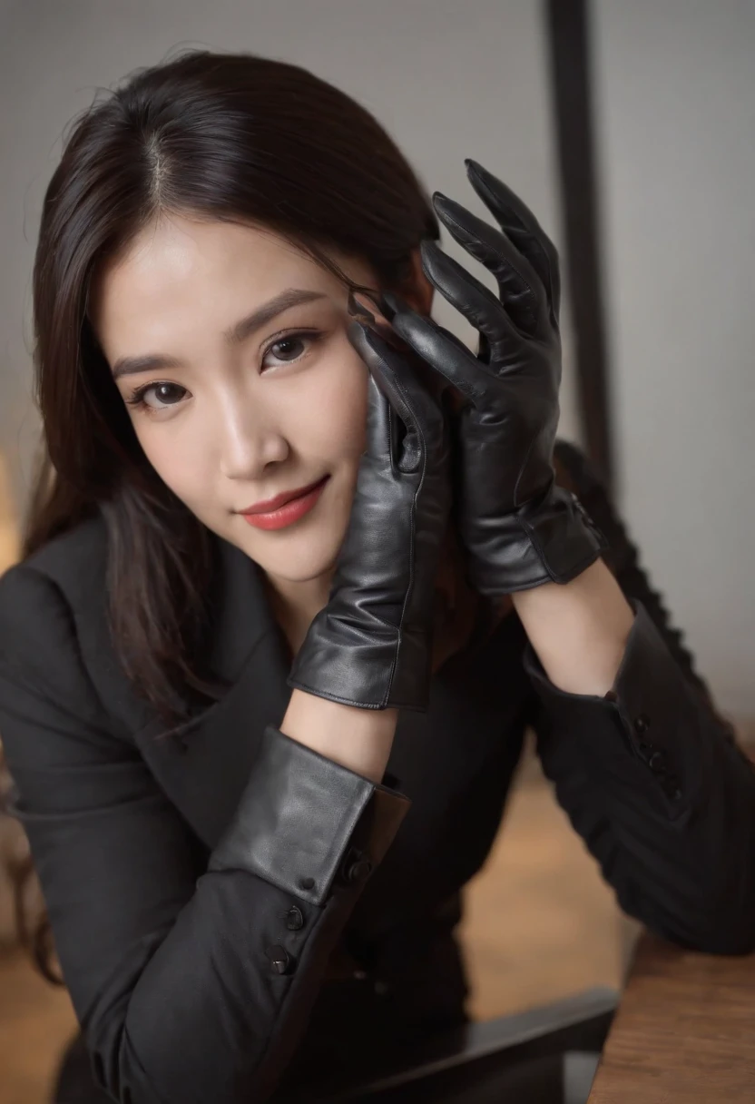 Wearing black leather gloves on both hands, Upper body, Black business suit, Facing the desk in my room with a computer in the dark, Look down and smile, Operating the computer with the fingertips of black leather gloves, Black hair was tied back for a long time, Japan female new employee who is still young and very cute (Black leather gloves cover both hands)