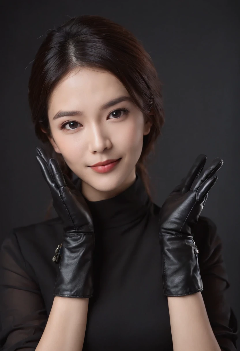 Wearing black leather gloves on both hands, Upper body, Black business suit, Facing the desk in my room with a computer in the dark, Look down and smile, Operating the computer with the fingertips of black leather gloves, Black hair was tied back for a long time, Japan female new employee who is still young and very cute (Black leather gloves cover both hands)