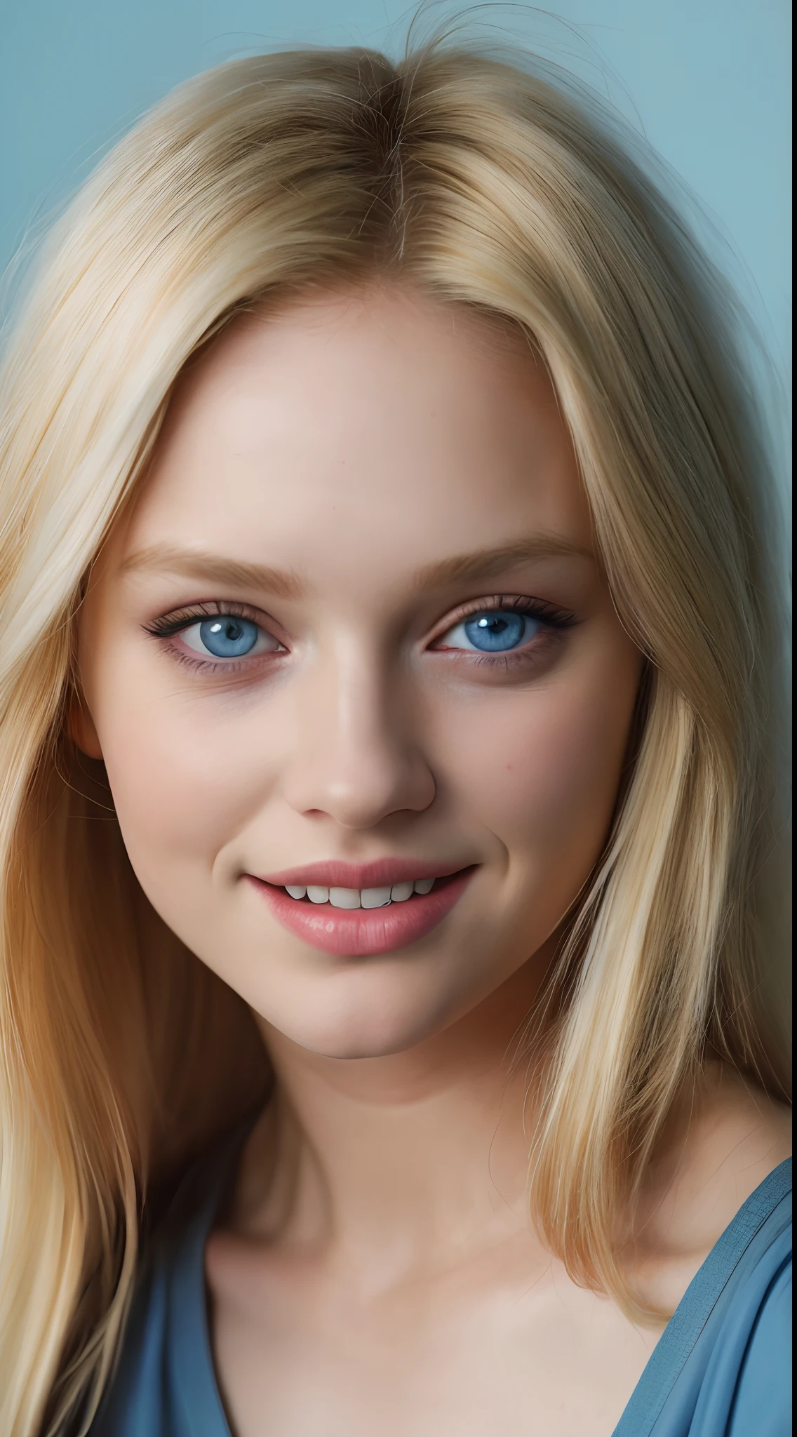 Close-up, editorial photography of a 25 year old woman) (Blonde hair) (light blue eyes) (Highly detailed face: 1.5) (smile: 0.7) (blue background, Moody, private studio: 1.3) Pov, Direction : Lee Jeffries, Nikon D850 |, film stock photography, 4 Kodak Portra 400, camera f1.6 lens, rich colors, hyper realistic, realistic texture, dramatic lighting, cinestill 800