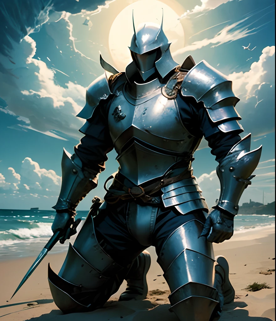 Lone knight in armor kneeling on the sand on a deserted beach, com um monstro gigante emergindo do mar ao nascer do sol, estilo anime --auto --s2