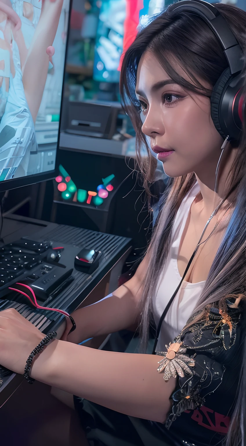 a beautiful 25 year old gamer girl (Julia Burch:0.5), (((skin texture:1))), ((natural skin)), (black hair), (realistic skin), perfectly proportioned, (high detail low cut white tank top with logo), (tiny shorts), sitting at computer desk, gaming, headset, widescreen, (masterpiece) (perfect proportion)(realistic photo)(best quality) (detailed) shot on a Canon EOS R5, 50mm lens, F/2.8, HDR, (8k) (wallpaper) (cinematic lighting) (dramatic lighting) (sharp focus) (intricate), RAW photo, posing for camera, 8k uhd, dslr, high quality, film grain, (cute hoodie) (realistic lighting) (realistic hands) (realistic fingers) (detailed hands) (detailed fingers)